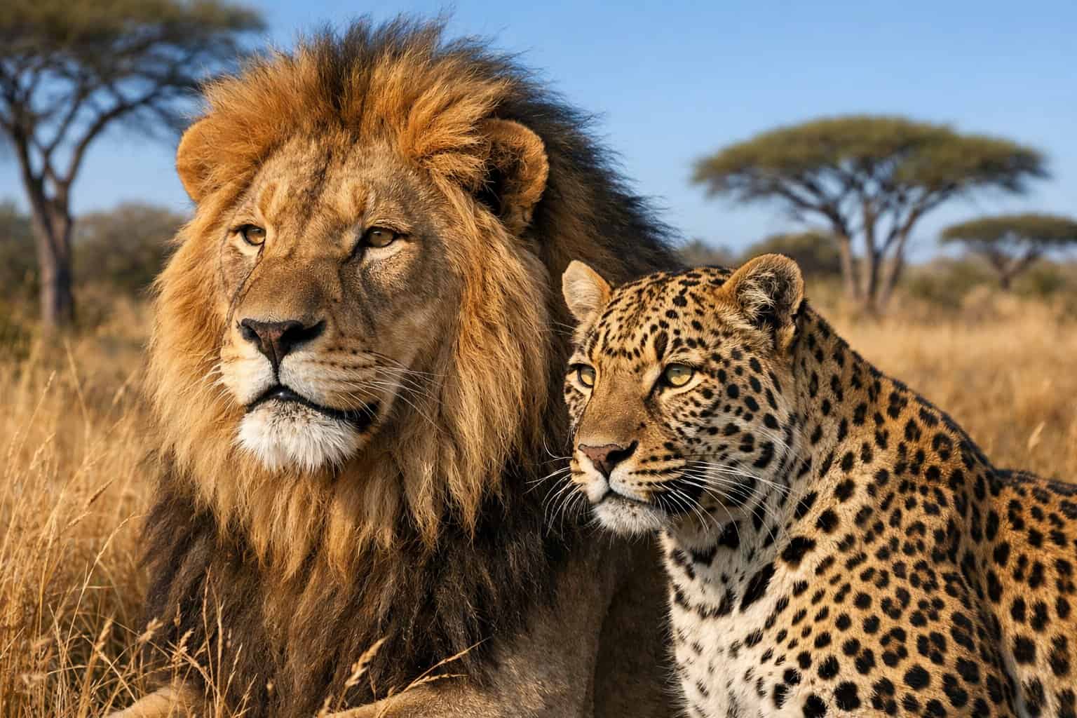 A lion and a leopard standing side by side in a grassy savannah with trees in the background.