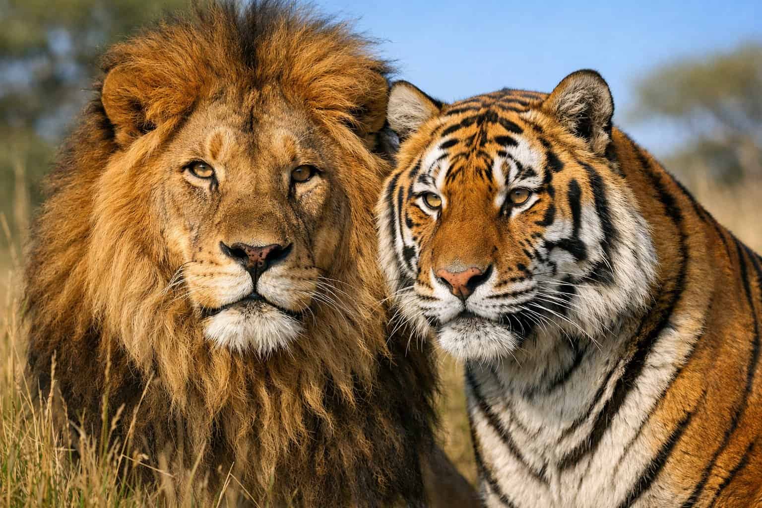 A lion standing next to a closely related big cat in a grassy natural habitat.