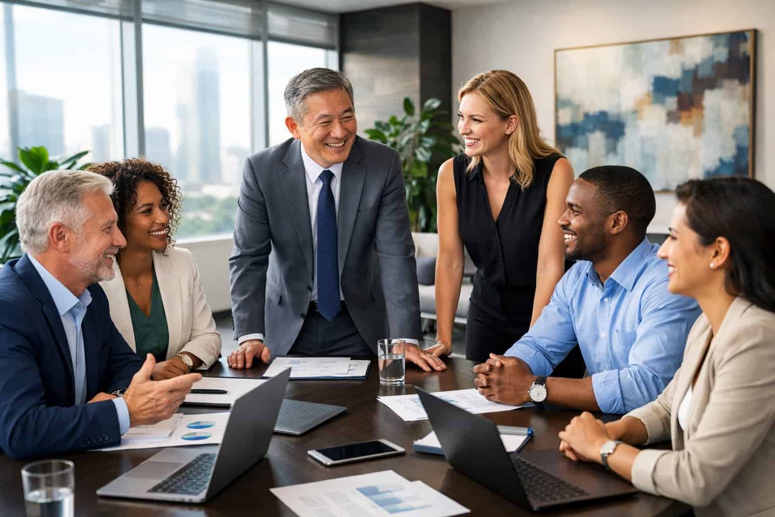 A diverse group of business leaders collaborating around a conference table in a modern office.