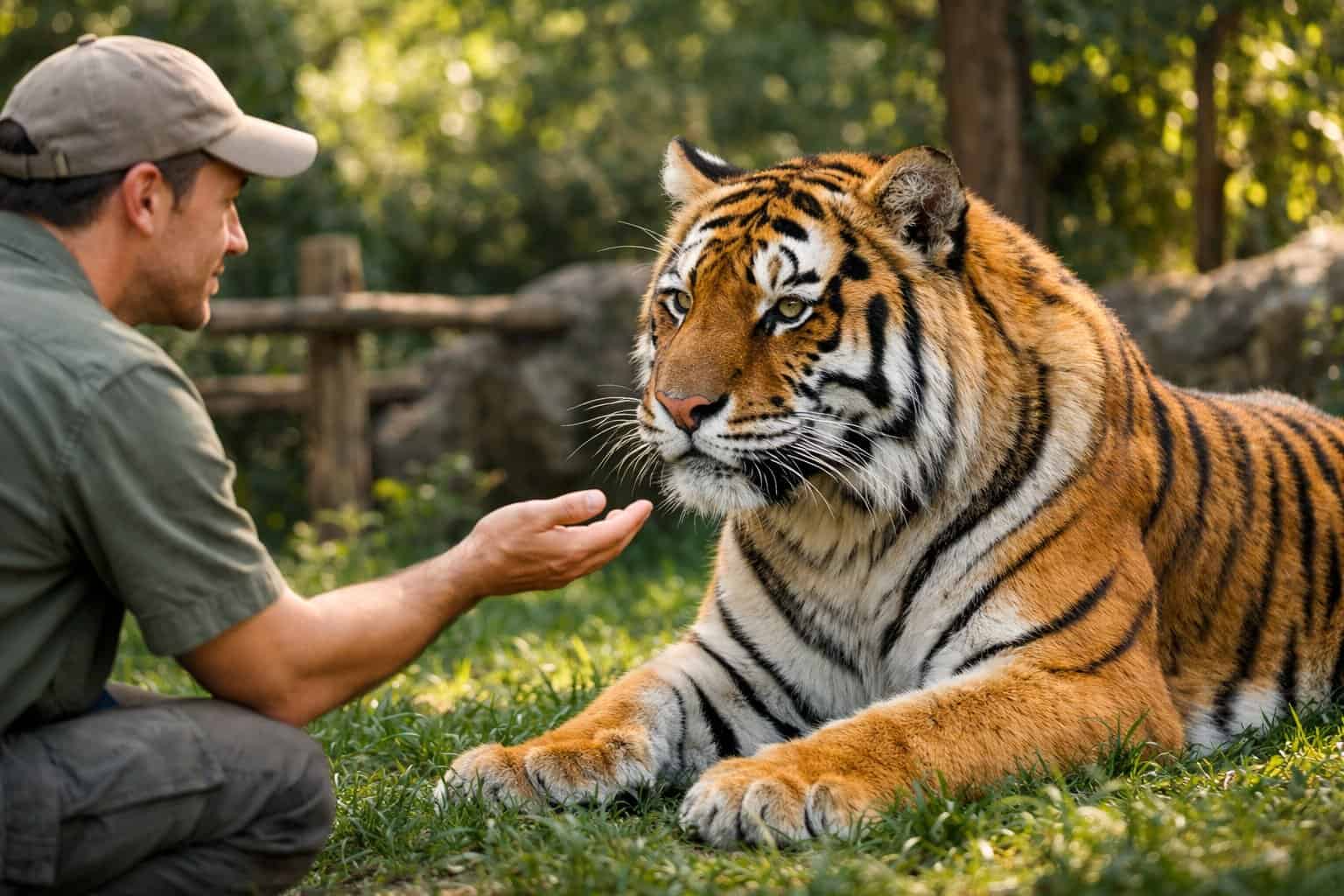 A person gently reaching out to a calm tiger sitting on grass in a forested area.