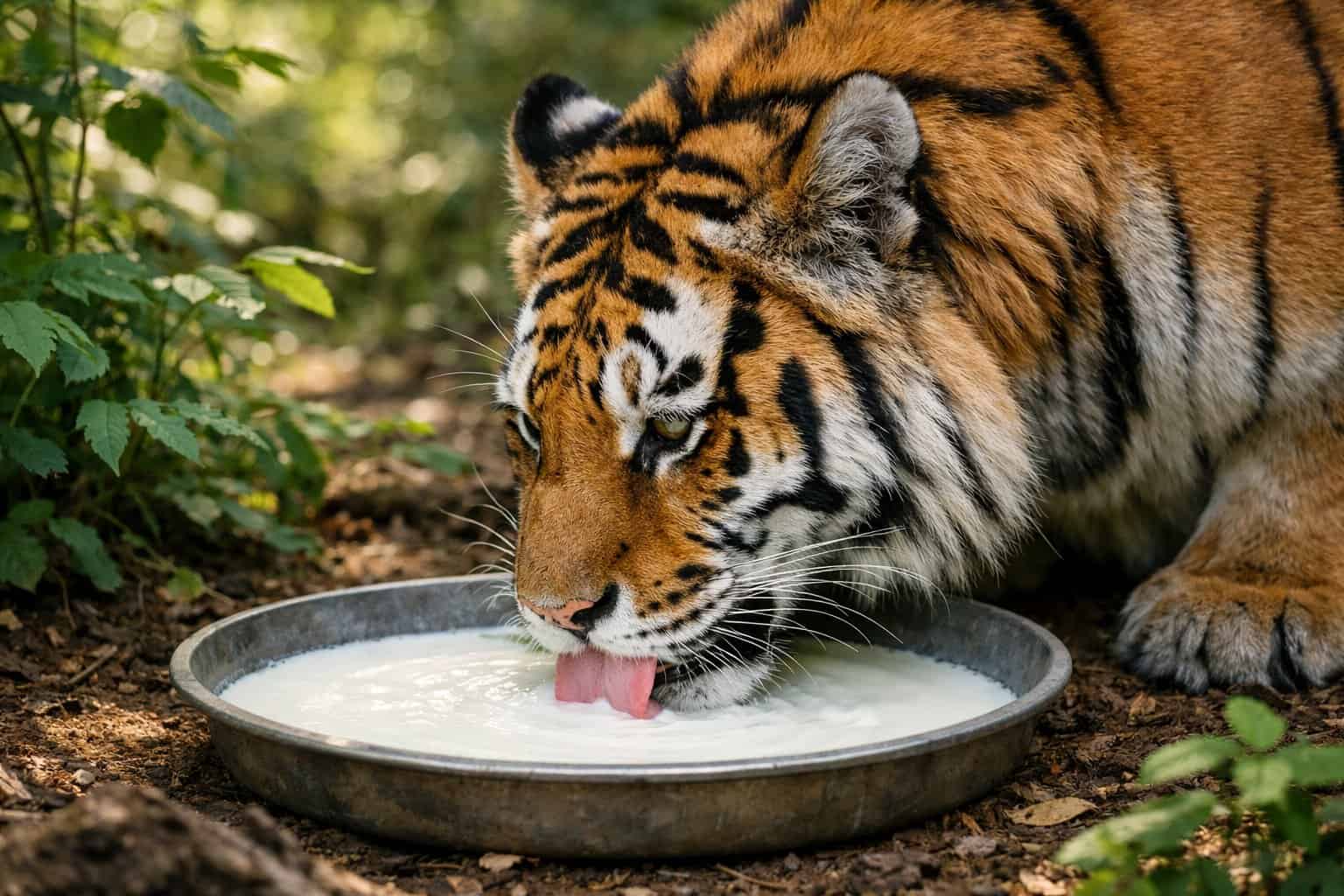 A tiger drinking milk from a bowl in a forest setting surrounded by green plants.