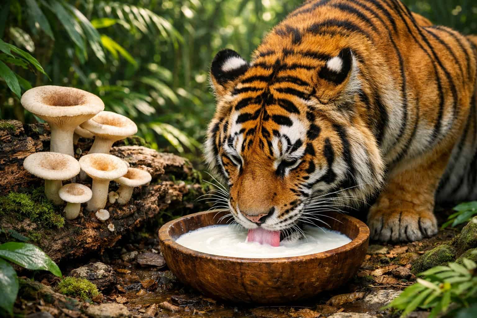 A tiger drinking milk from a wooden bowl in a green jungle with mushrooms growing nearby.
