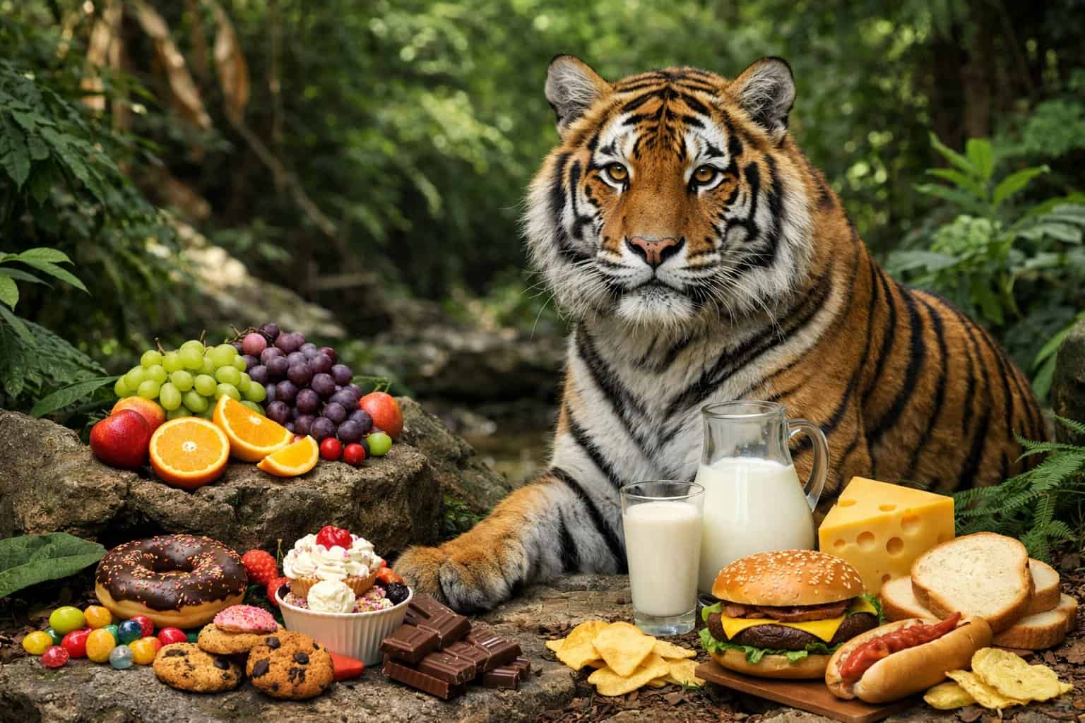 A tiger in a jungle surrounded by various foods that tigers should not eat, including fruits, dairy, and processed foods.