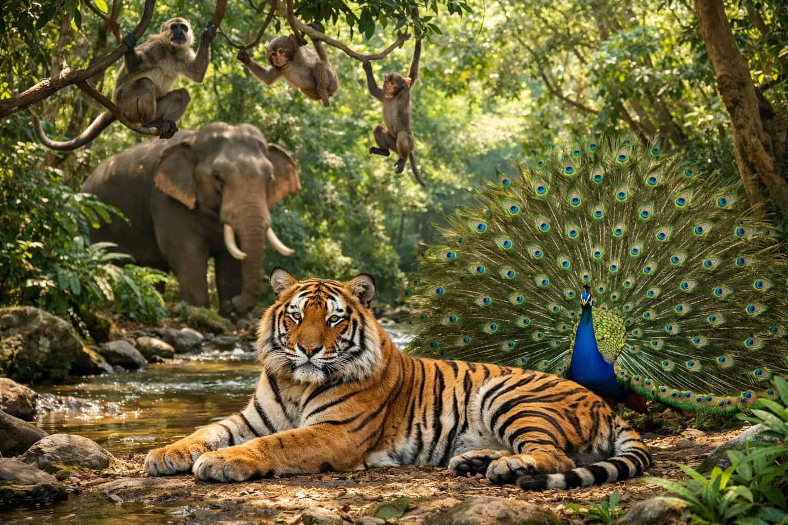 A Bengal tiger resting on the forest floor surrounded by monkeys in the trees, a peacock nearby, and an elephant in the background in a dense jungle.