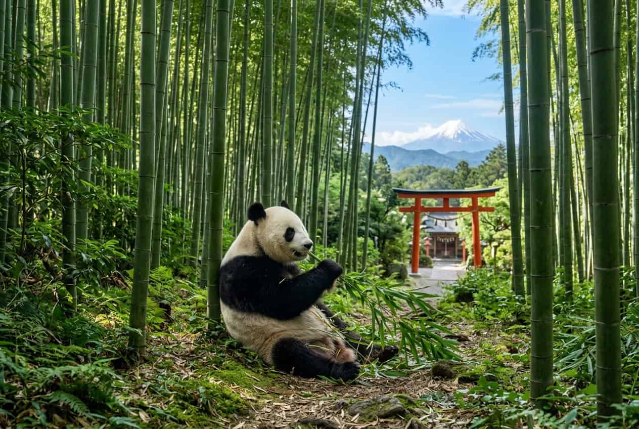A giant panda sitting peacefully in a lush bamboo forest with a red torii gate and Mount Fuji visible in the background.