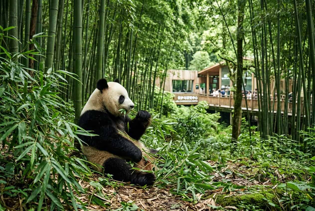 A giant panda sitting in a bamboo forest eating bamboo shoots with a zoo enclosure visible in the background.
