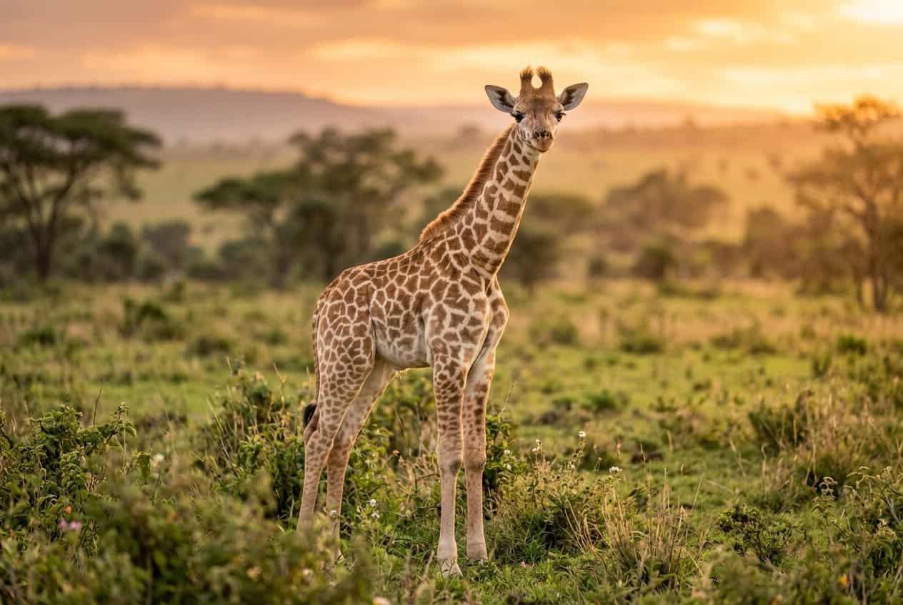 A baby giraffe standing in a green savannah with trees and a warm sky in the background.