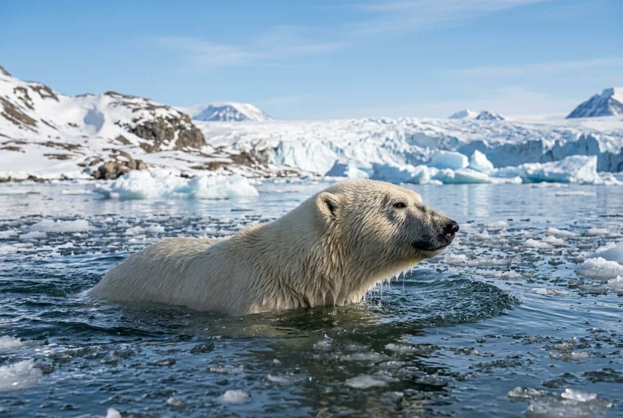 A polar bear bobbing its head above icy Arctic water near snow-covered shorelines and floating icebergs.