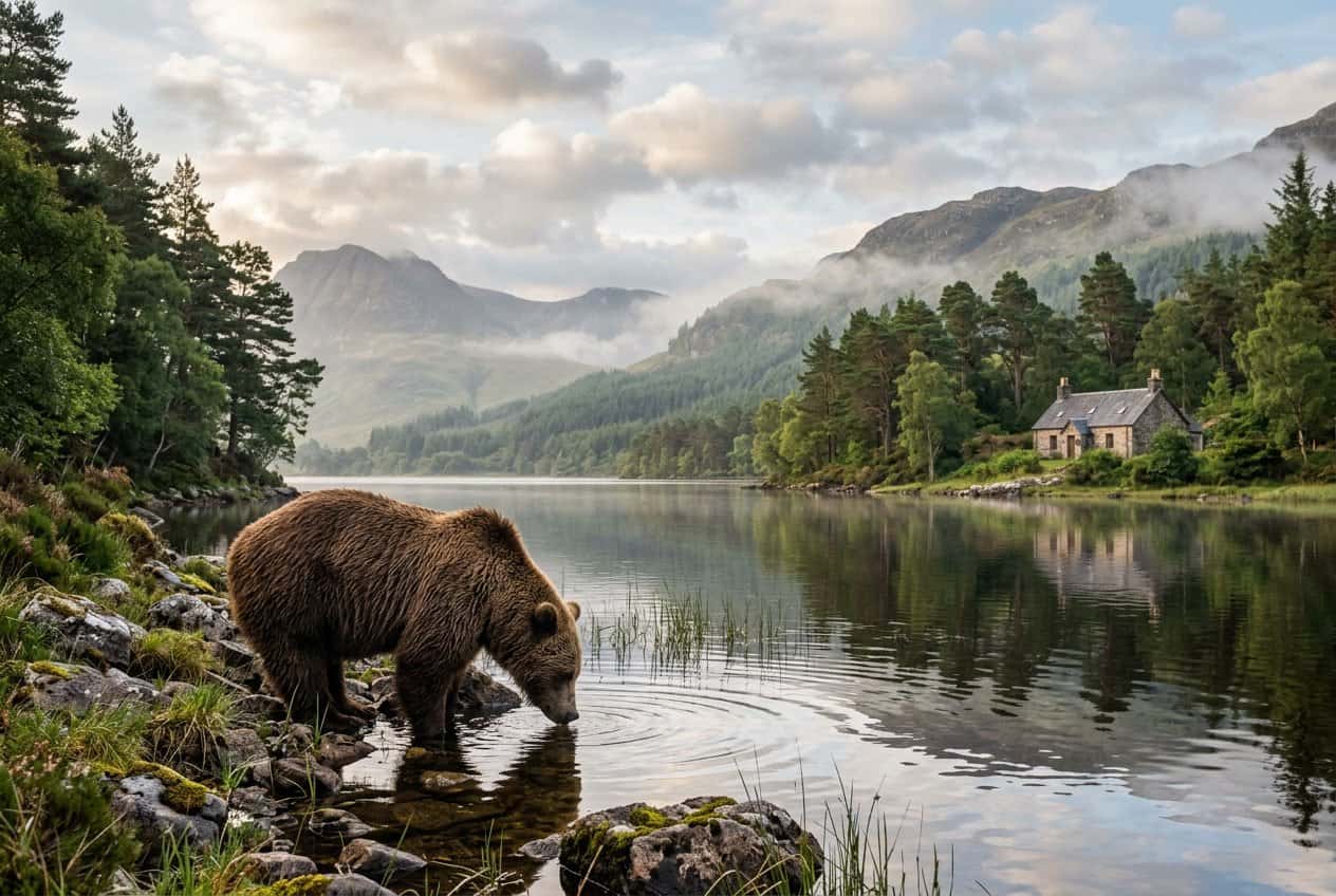 A brown bear drinks from a misty loch in a Scottish landscape with hills, pine trees, and a stone cottage in the background.