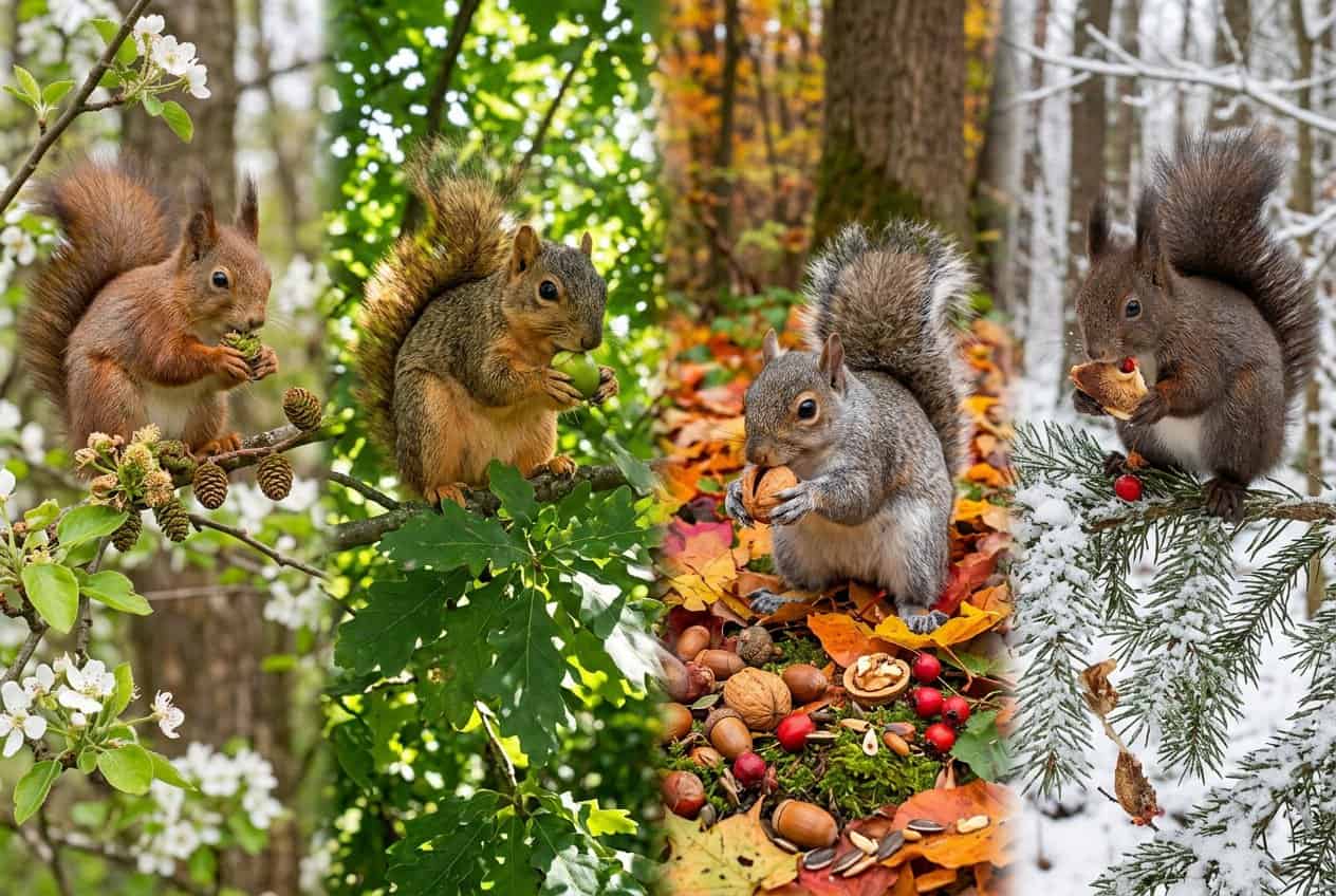 Several squirrels of different species eating various nuts, seeds, and berries in a forest setting across different seasons.