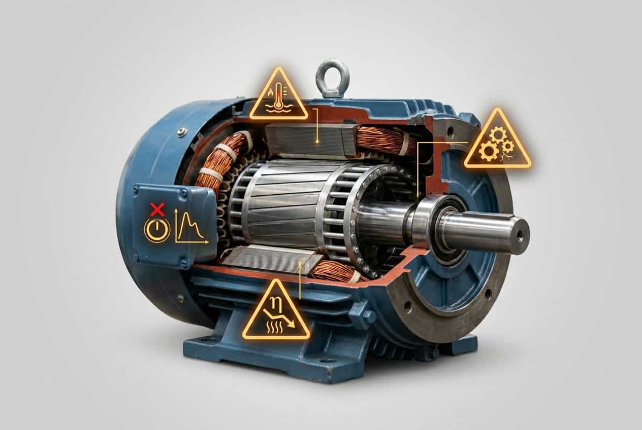 Close-up view of a squirrel cage induction motor showing its internal components with caution symbols around it representing its disadvantages and limitations.