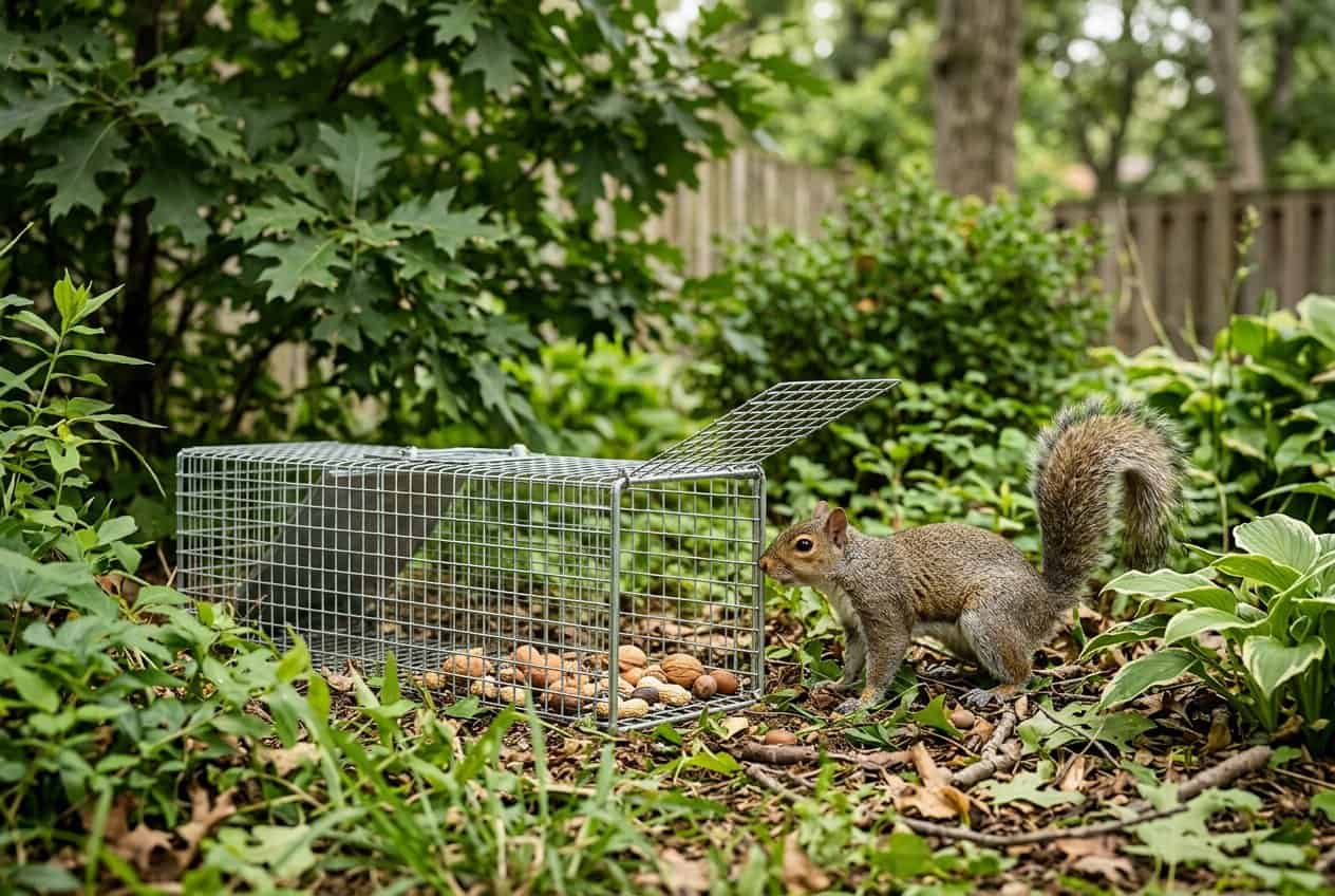 A grey squirrel cautiously approaches a live animal trap placed in a green garden.