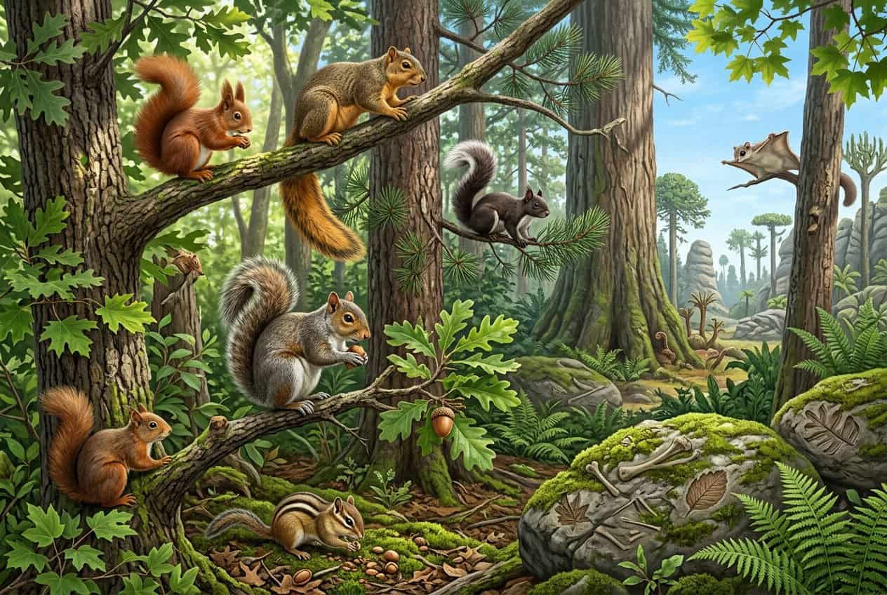 Various species of squirrels in a forest setting showing different sizes and colors, with subtle prehistoric elements in the background.
