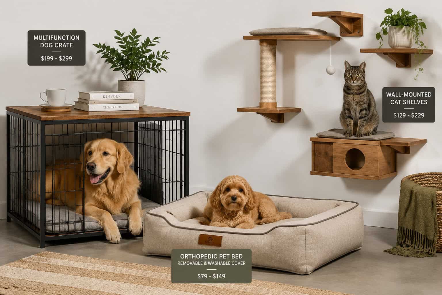 Detailed () editorial photograph showing close-up comparison of three distinct functional pet furniture pieces arranged in