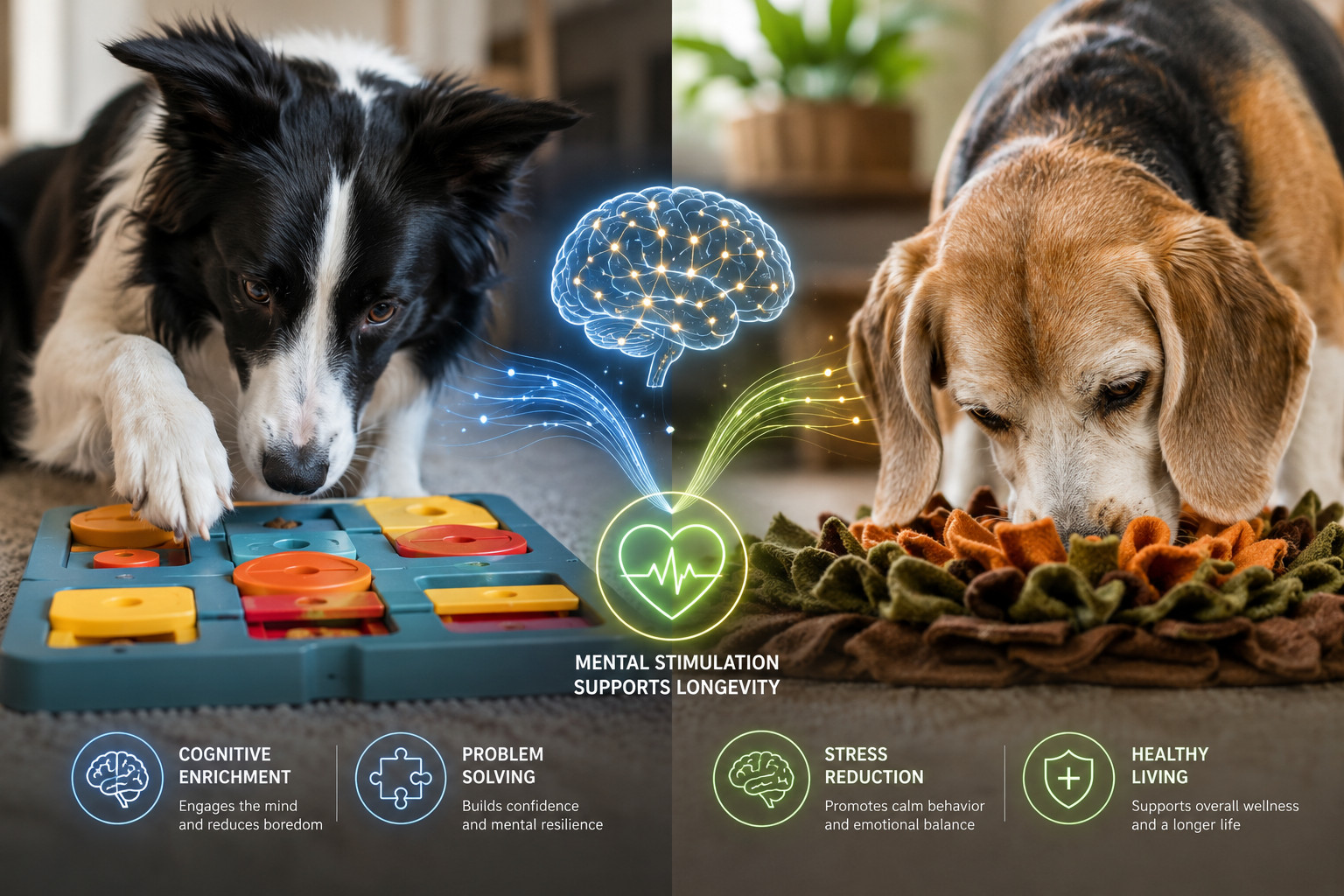 Detailed () editorial photograph showing close-up split-screen composition of cognitive enrichment in action. Left side: