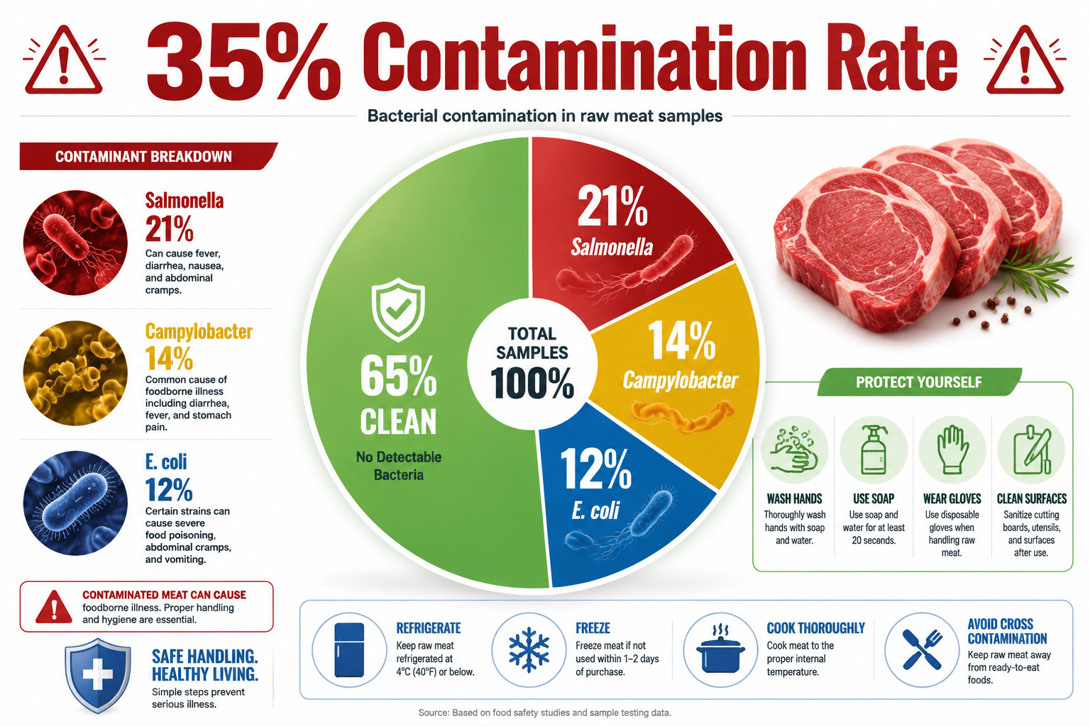 Detailed () infographic-style image showing bacterial contamination statistics with headline '35% Contamination Rate' in