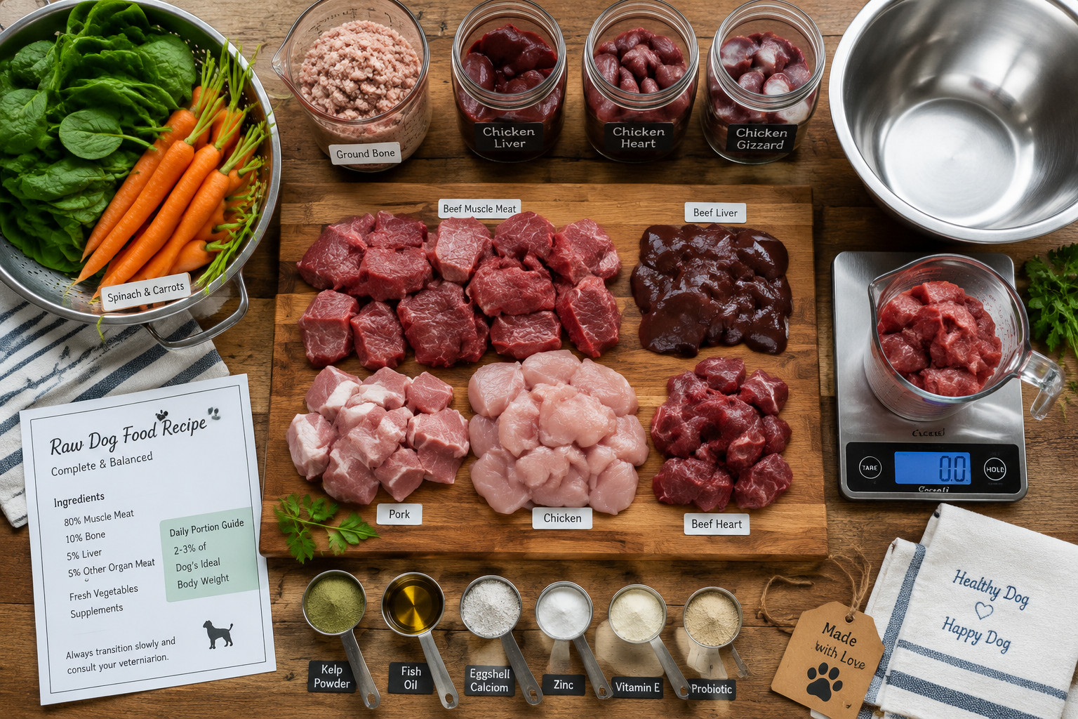Detailed () overhead flat-lay composition of home raw dog food preparation scene showing wooden cutting board with portioned