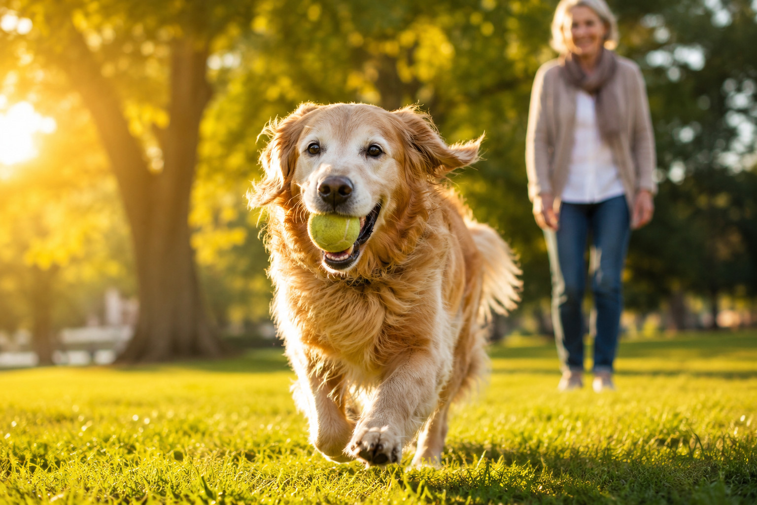 Professional () hero image showing a happy senior golden retriever playing actively in a sunlit park, running with a ball,