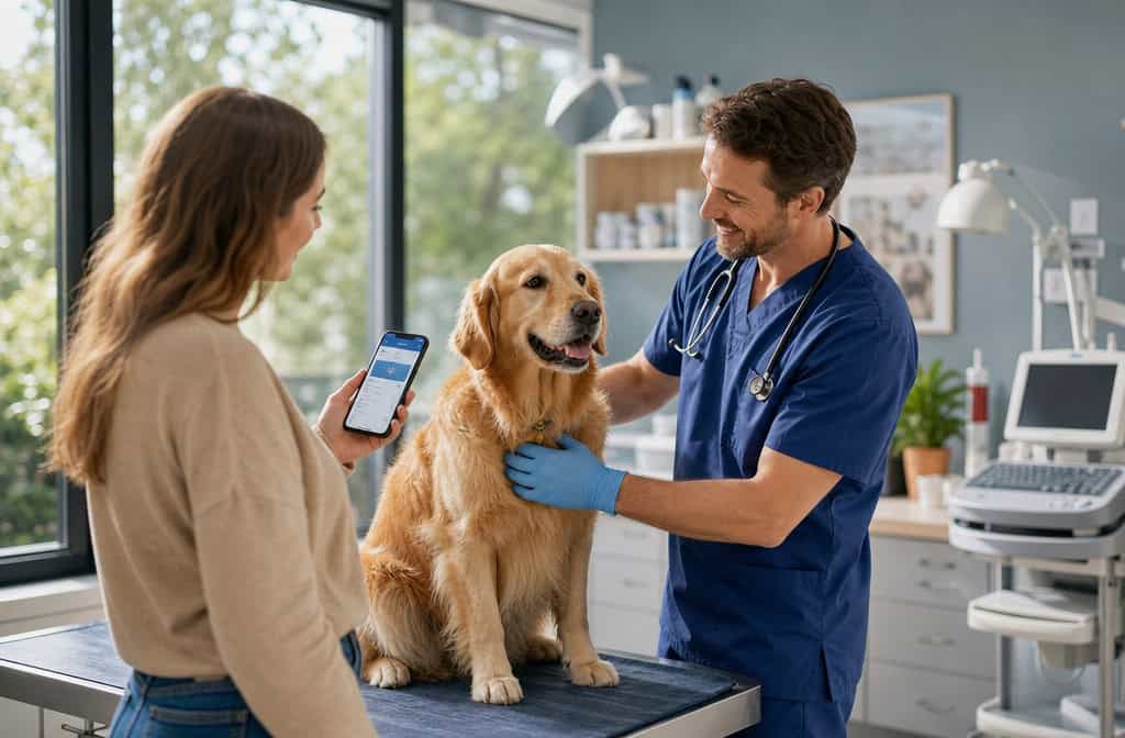 Professional () hero image showing a warm veterinary clinic scene with a golden retriever sitting calmly on an examination