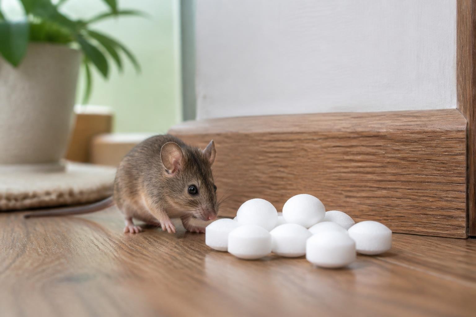 A close-up of white mothballs on a wooden surface with a small mouse nearby appearing hesitant.