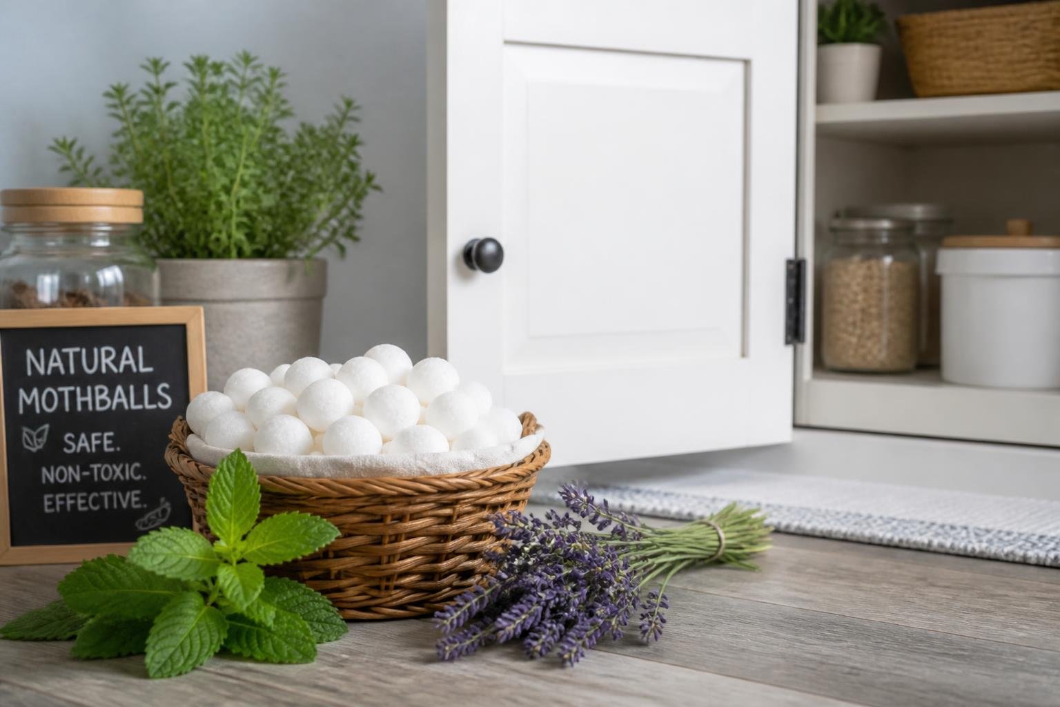 A clean home corner with a basket of mothballs and fresh herbs placed near a closed cupboard, suggesting natural mouse prevention.
