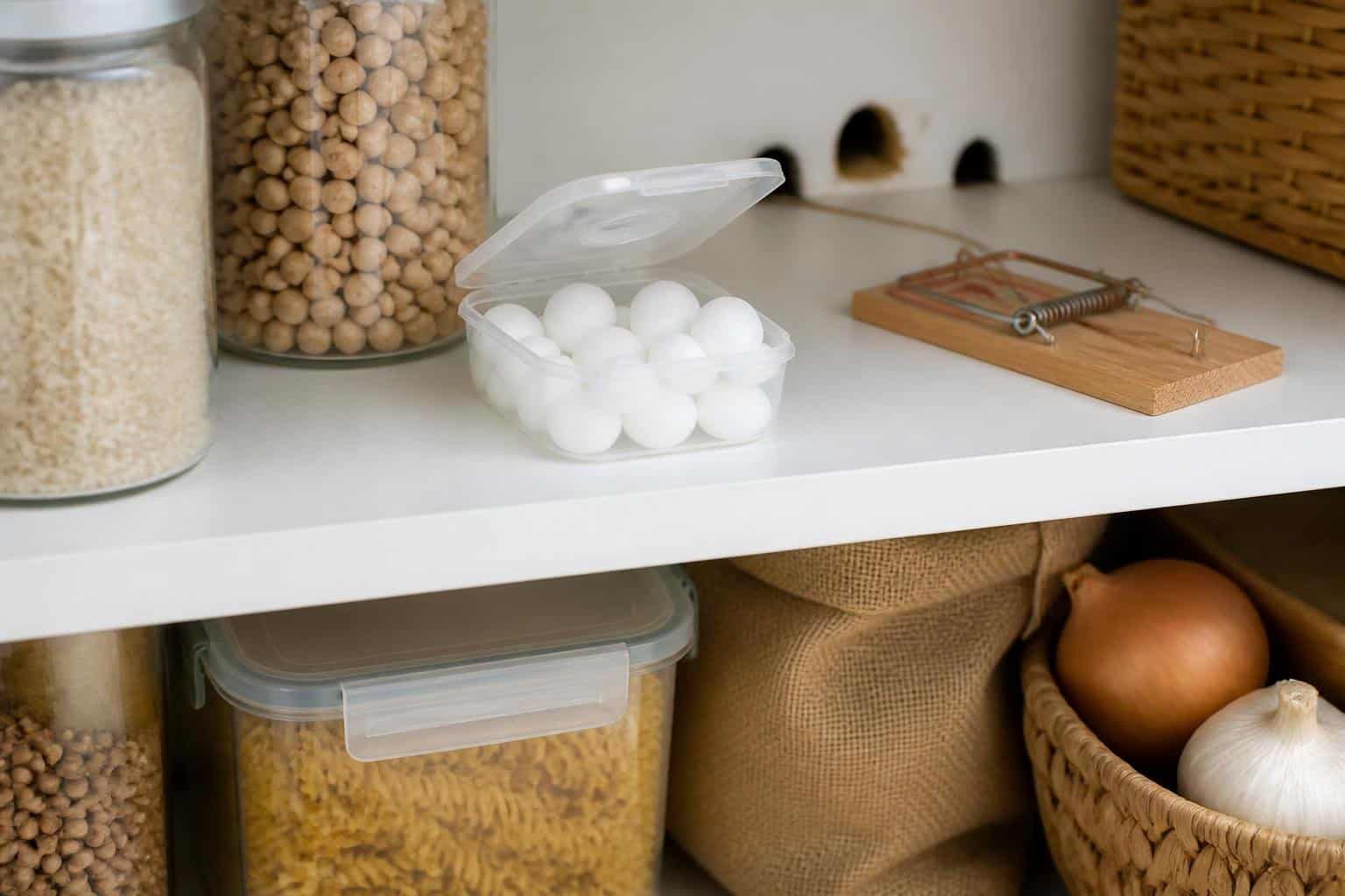 A clean pantry shelf with an open container of mothballs and a mouse trap nearby in a well-lit home interior.