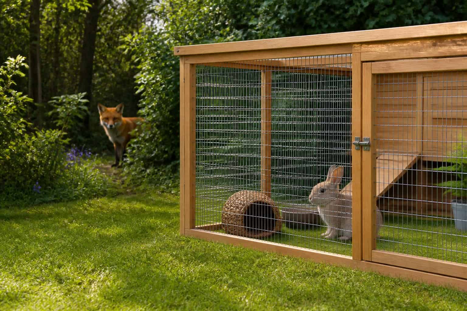 A pet rabbit inside a secure outdoor hutch with a fox visible in the background behind bushes.