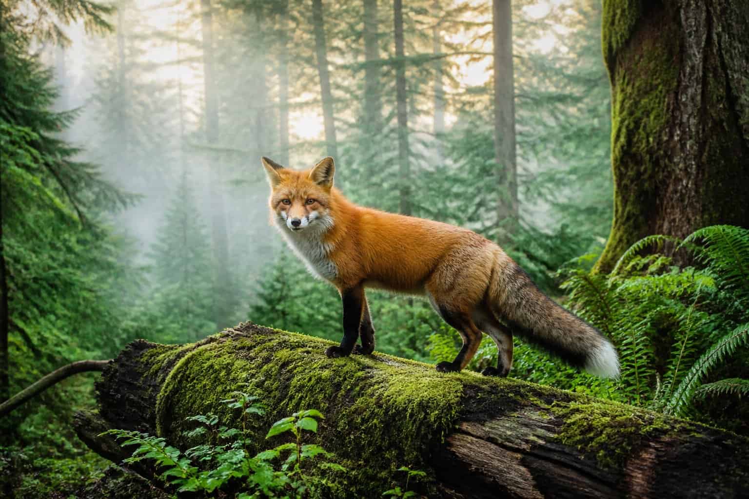 A red fox standing on a moss-covered log in a misty evergreen forest in Washington State.