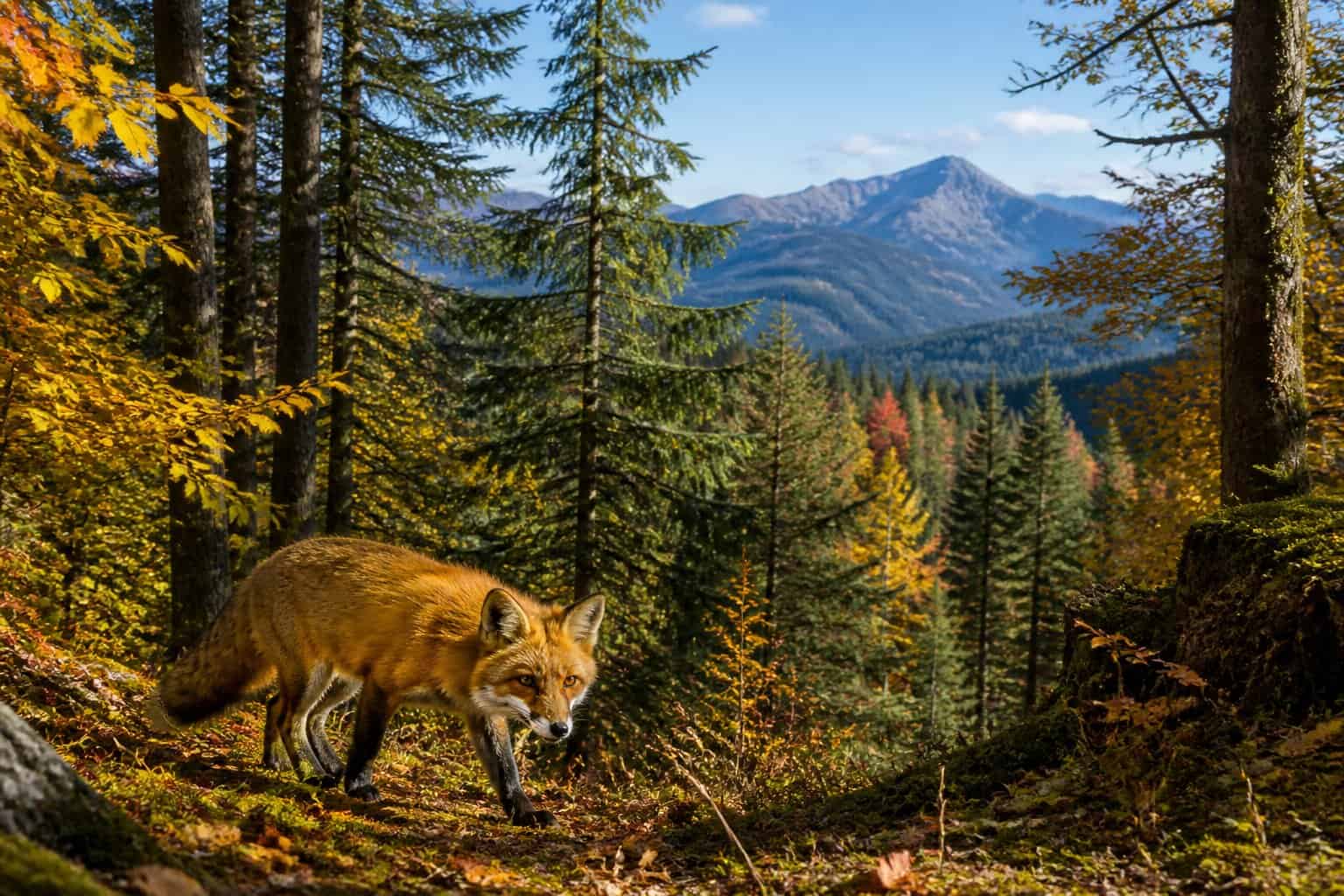 A red fox walking through a forest with autumn trees and distant mountains in Washington state.