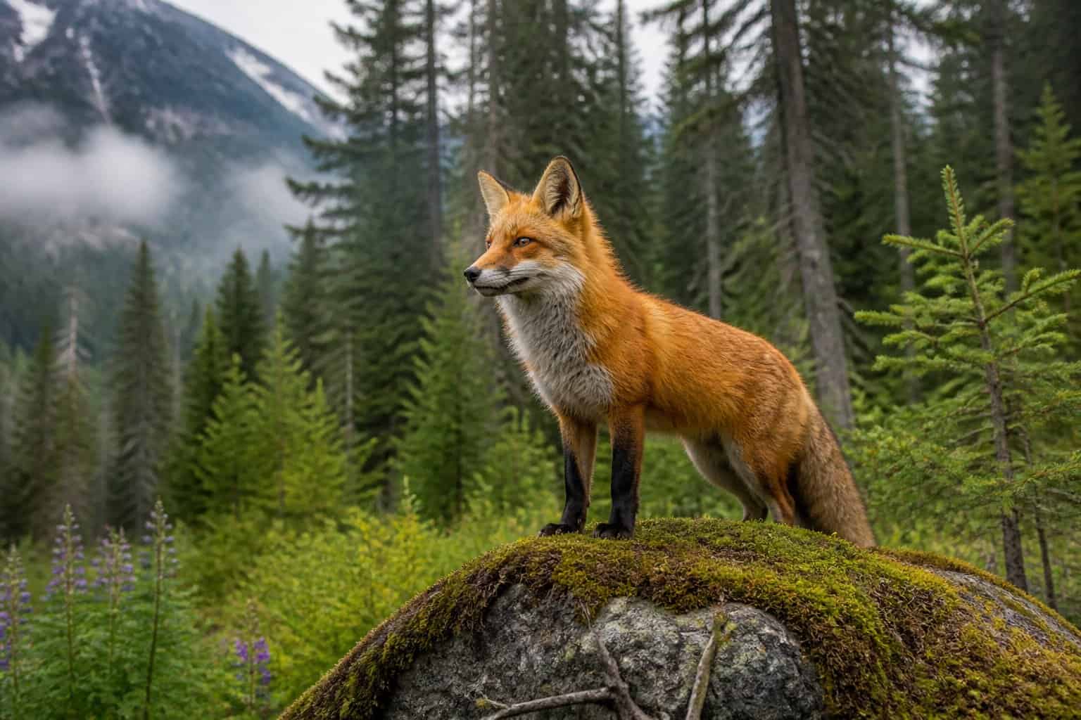 A Cascade red fox standing on a mossy rock in a dense evergreen forest with tall trees and a misty mountain background.