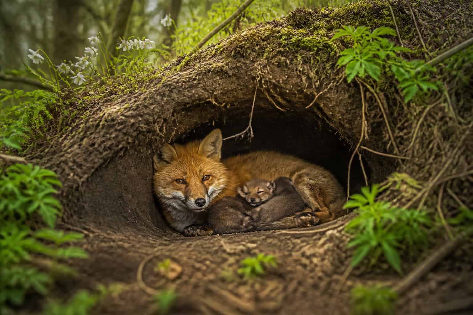 A mother fox resting inside a woodland burrow surrounded by soil and green plants.