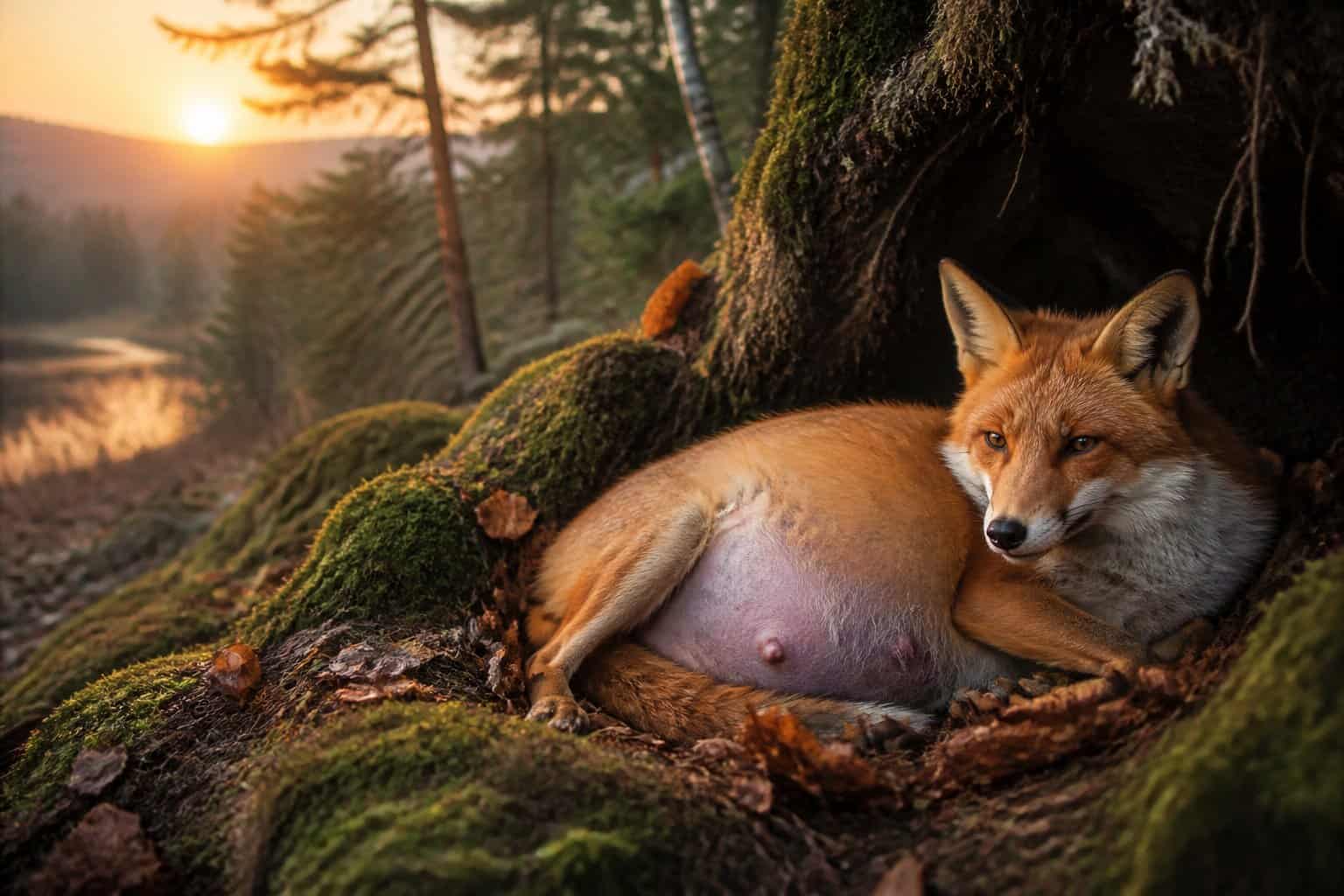 A red fox resting in a forest den surrounded by moss and leaves at dawn.
