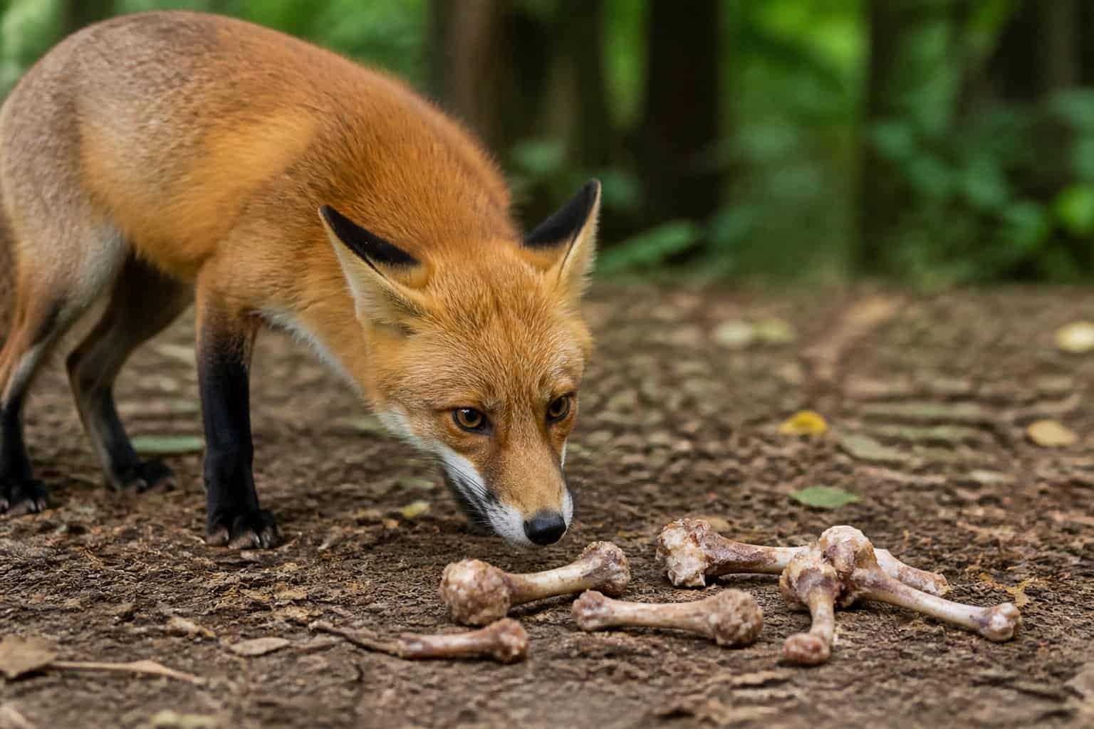 A fox in a woodland setting sniffing chicken bones on the ground.