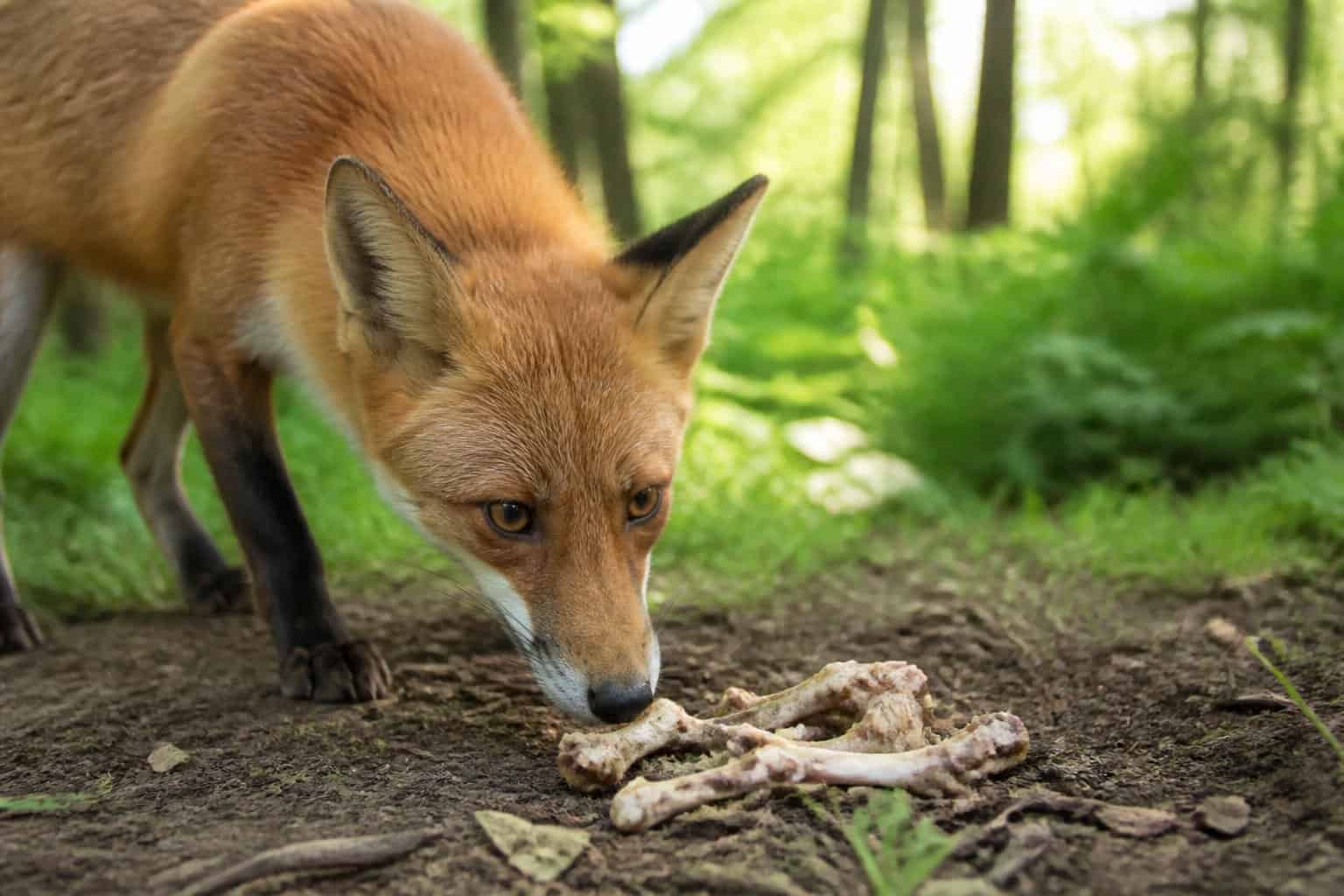 A fox in a forest cautiously approaching chicken bones on the ground.