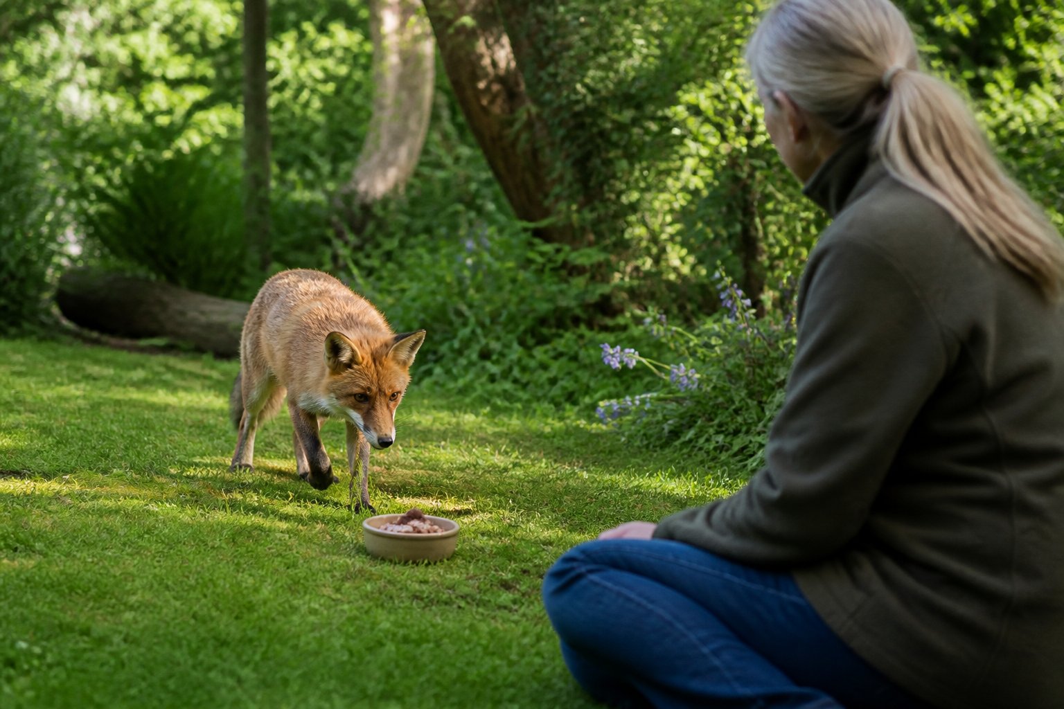 A wild fox cautiously approaches a bowl of food on the ground in a green garden while a person watches from a distance.