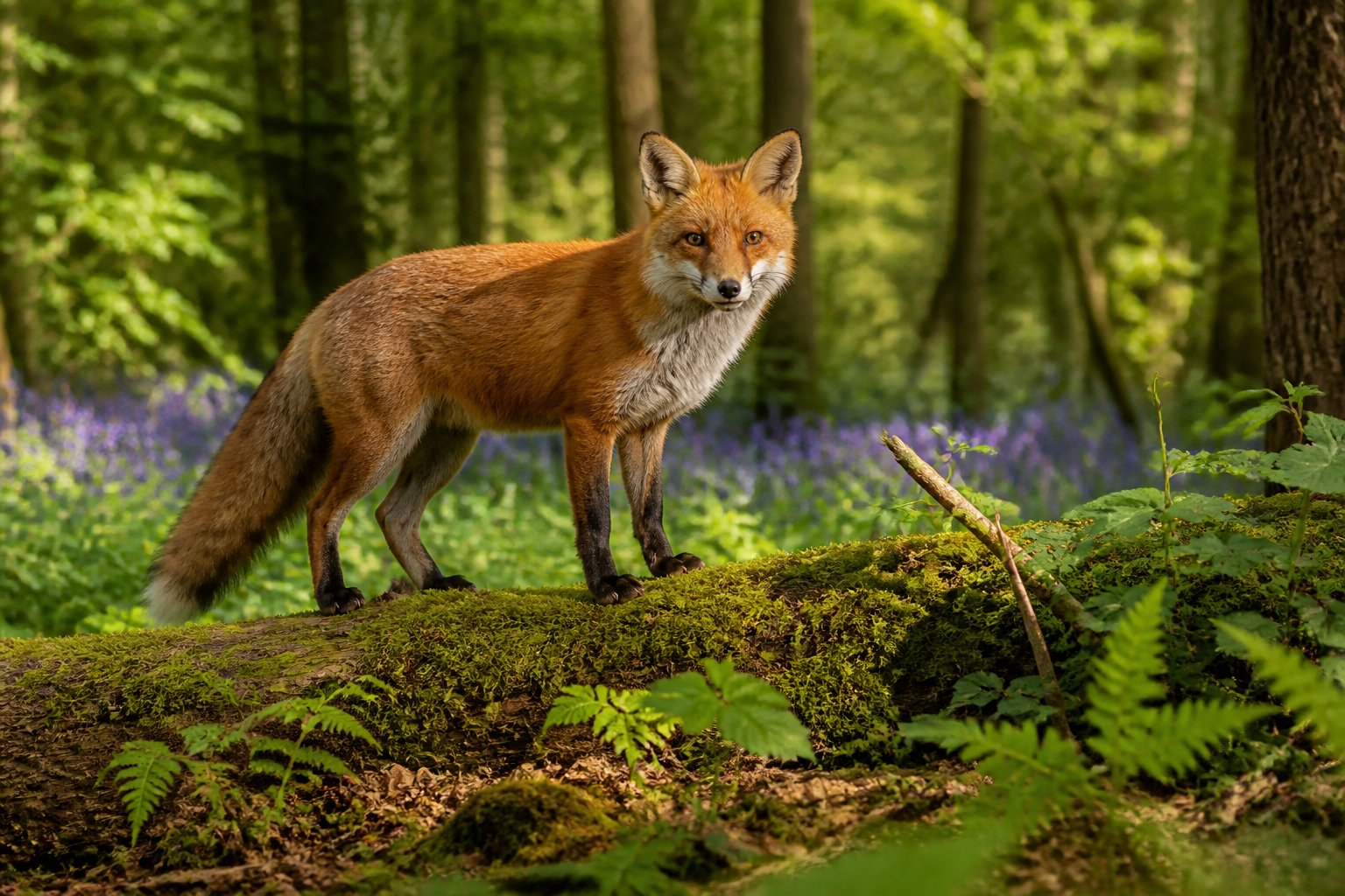 A red fox standing on a mossy log in a dense UK woodland surrounded by fallen leaves and green plants.