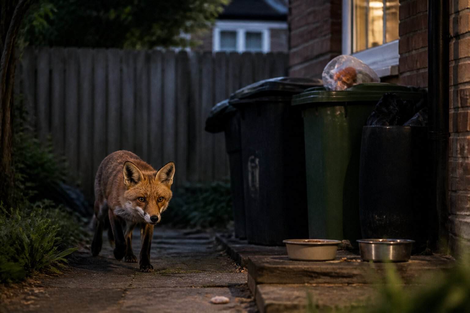 A wild fox cautiously approaching a suburban backyard with open trash bins and pet food bowls at dusk.