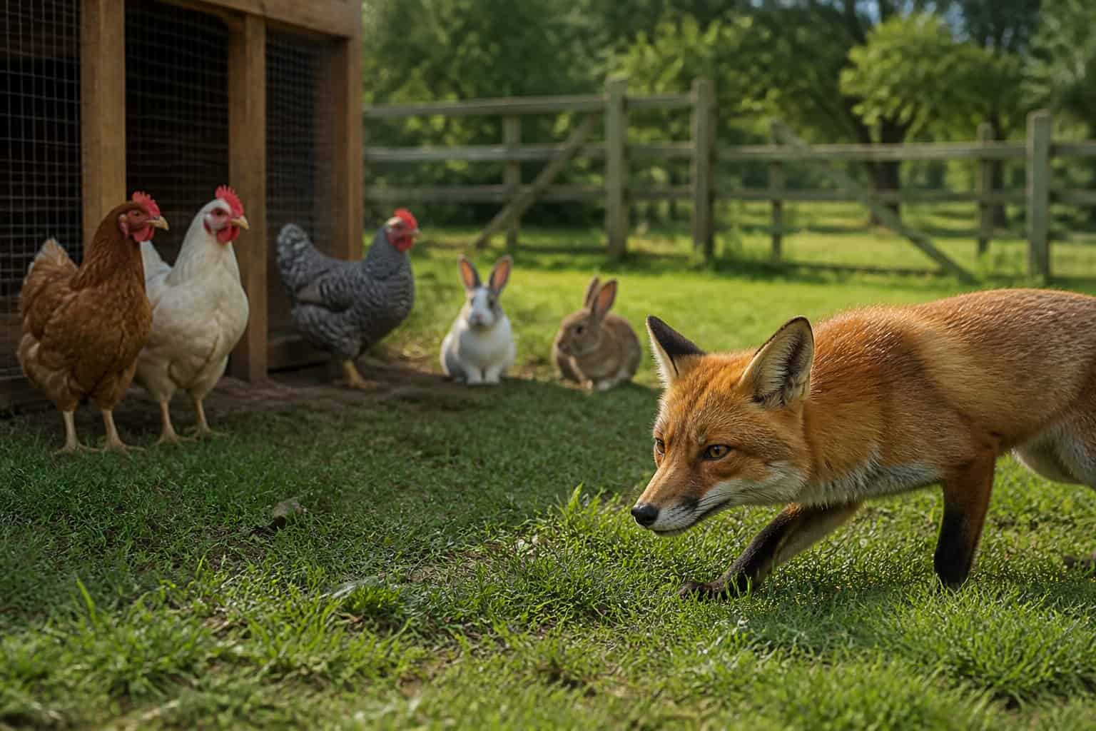 A red fox cautiously approaching a farmyard with chickens and rabbits in a rural outdoor setting.