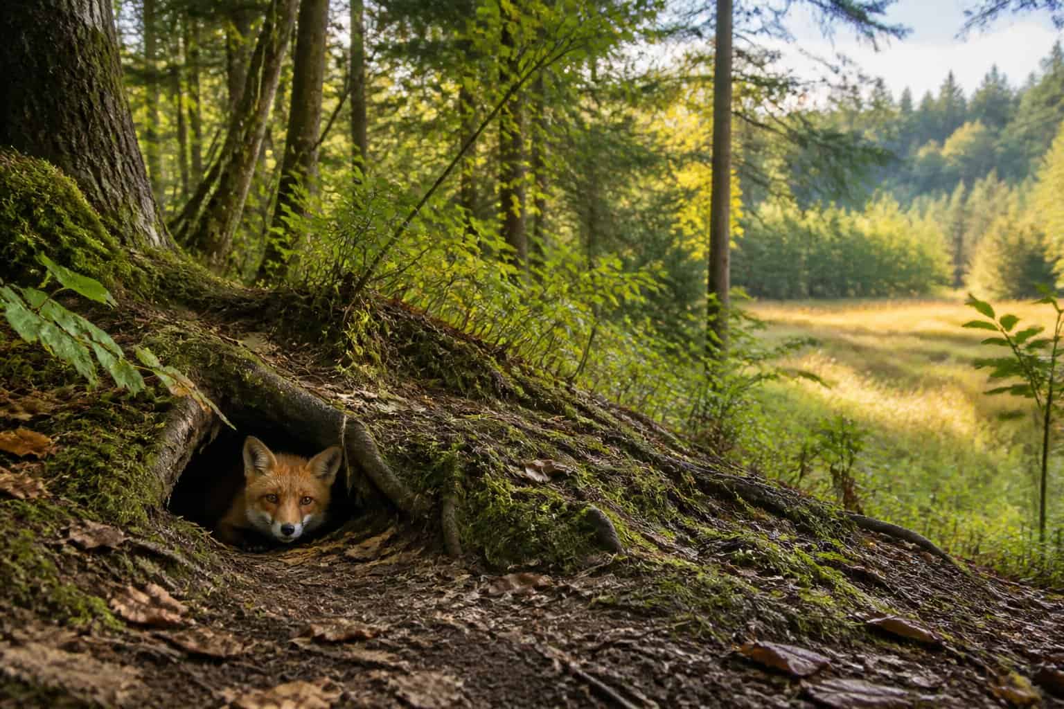A red fox peeking out from its den in a forest with trees, bushes, and sunlight filtering through.