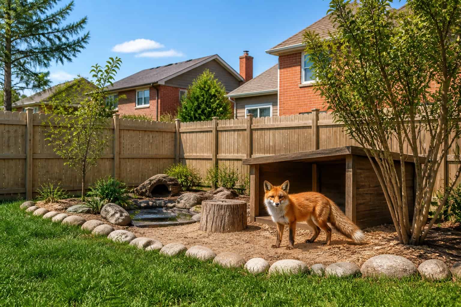 A red fox resting in a small fenced backyard enclosure in a suburban Ohio neighborhood during the day.