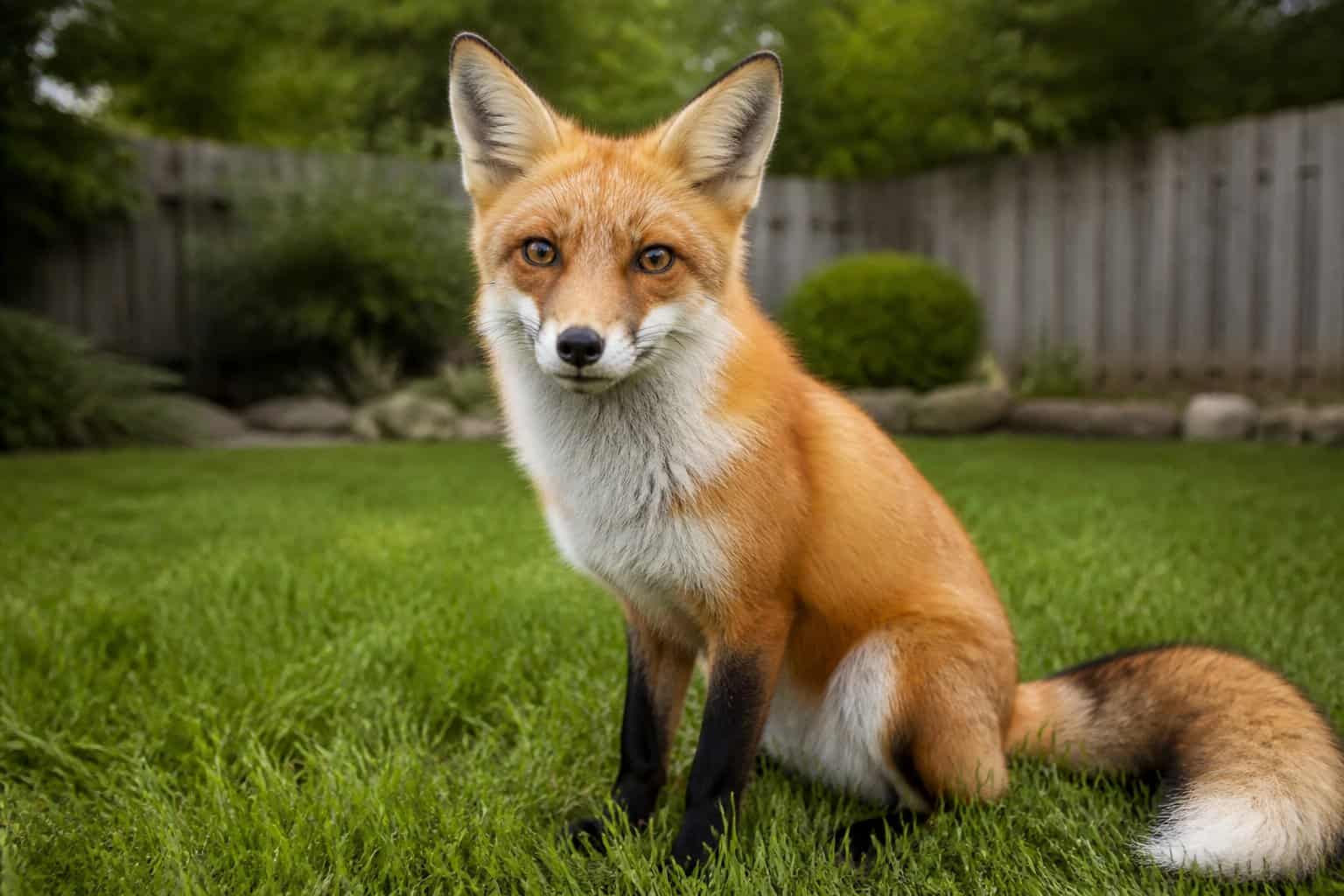 A friendly fox sitting calmly in a green backyard with a wooden fence in the background.