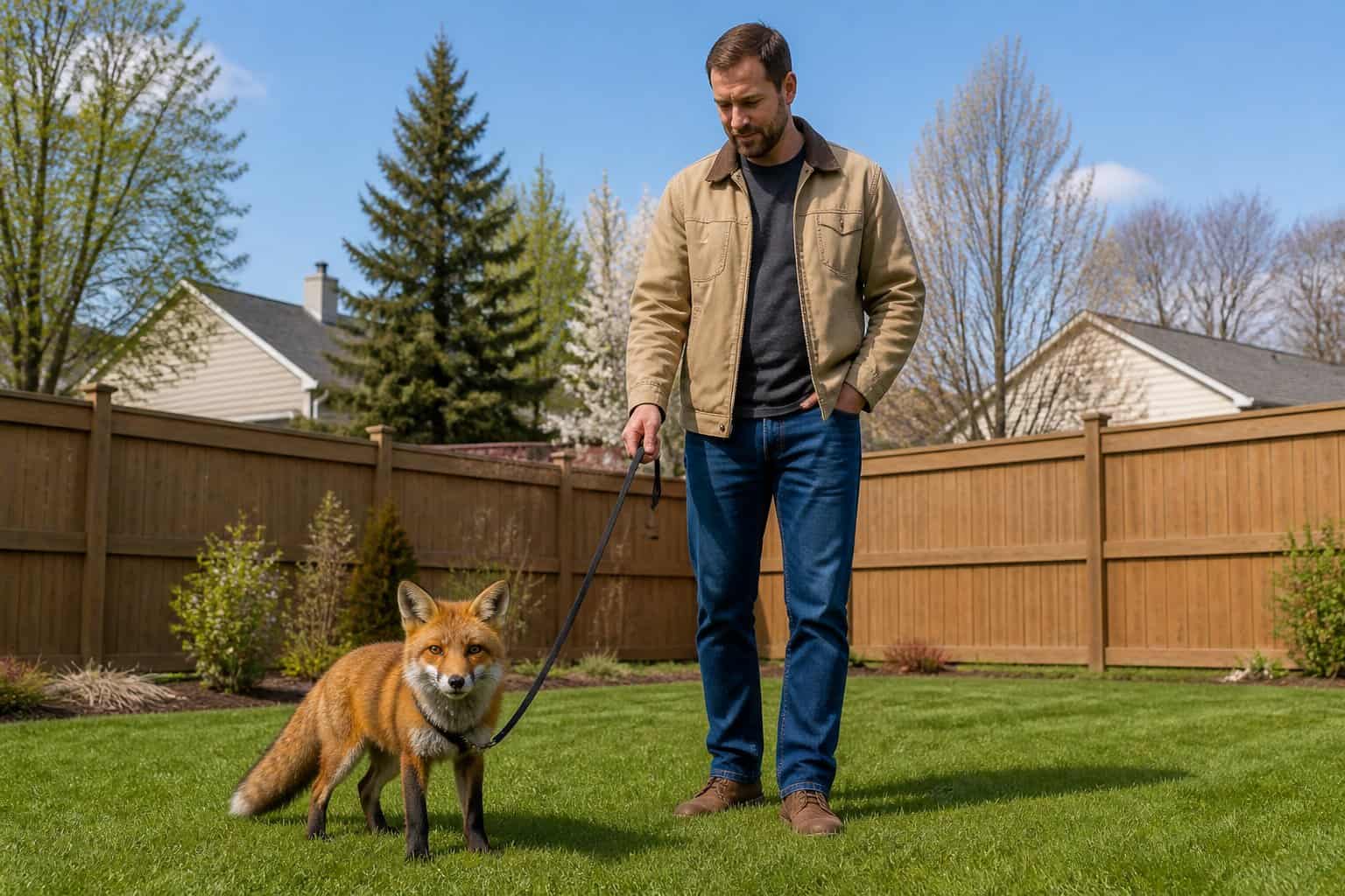 A man outdoors in a suburban backyard holding a red fox on a leash.