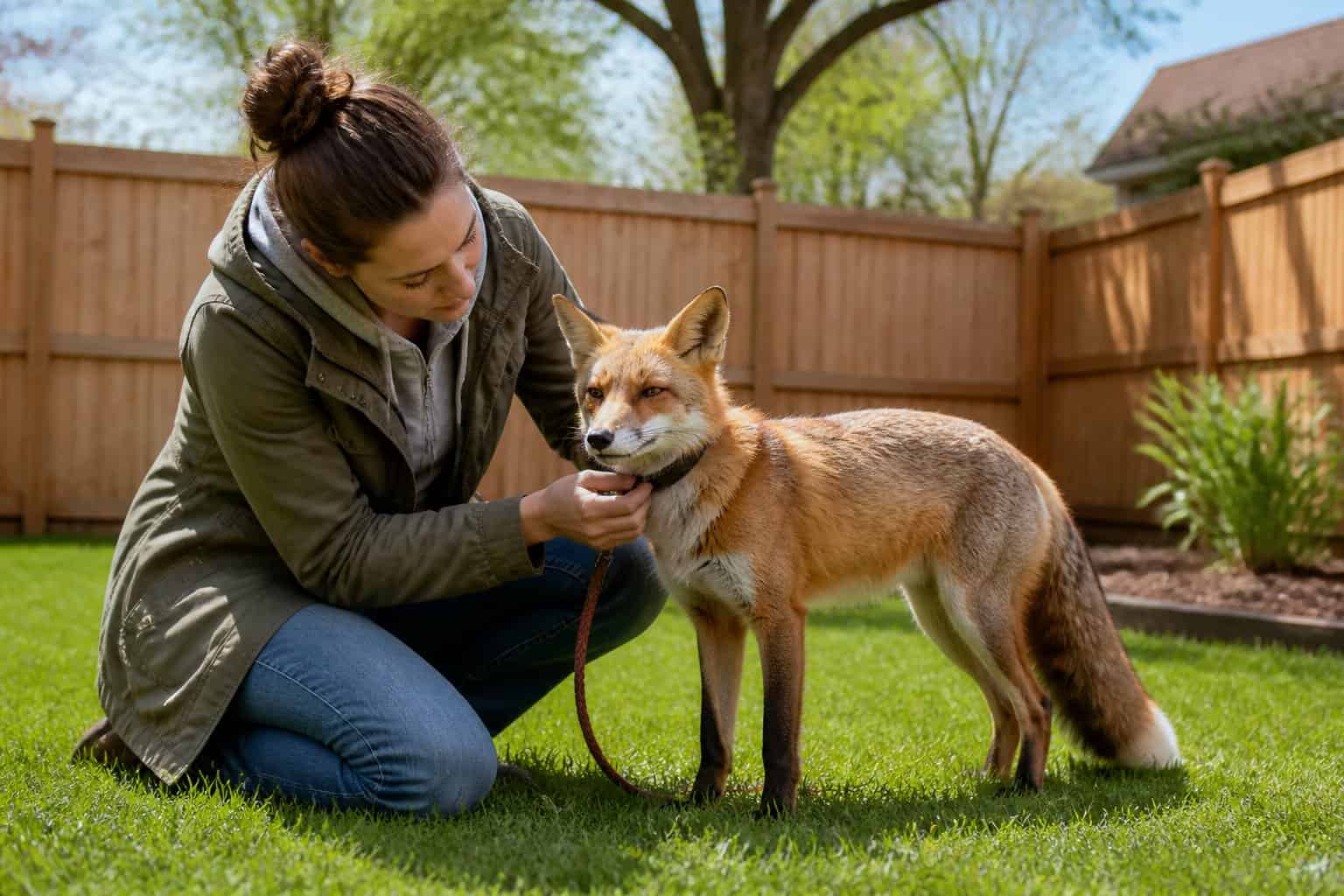 A person outdoors gently interacting with a domesticated fox on a leash in a suburban backyard.