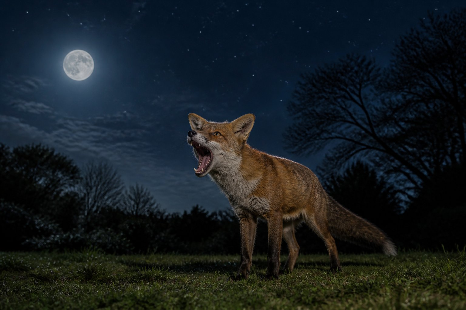 A red fox standing on grass at night with its mouth open as if screaming, surrounded by trees under a starry sky.