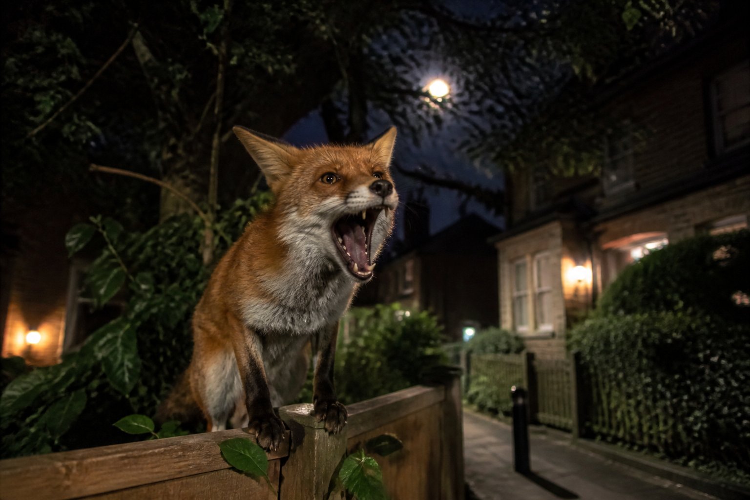 A red fox on a wooden fence in a UK suburban neighborhood at night with its mouth open as if screaming.