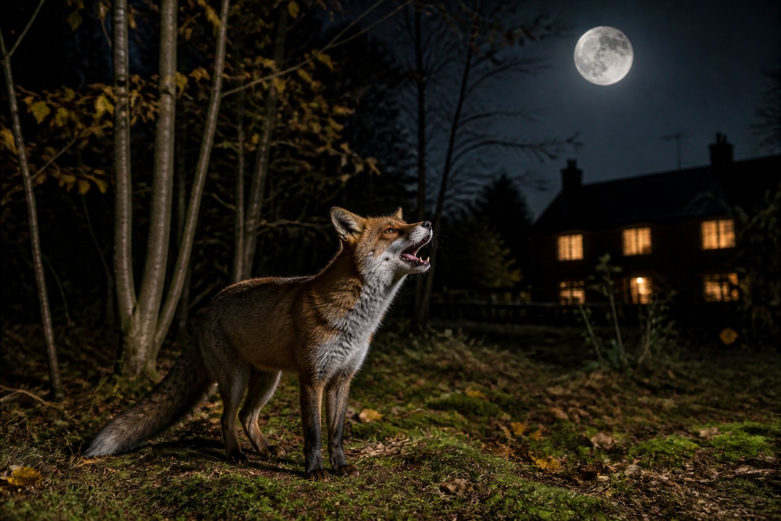 A red fox standing on a forest floor at night with a full moon overhead and faint lights from a distant house in the background.