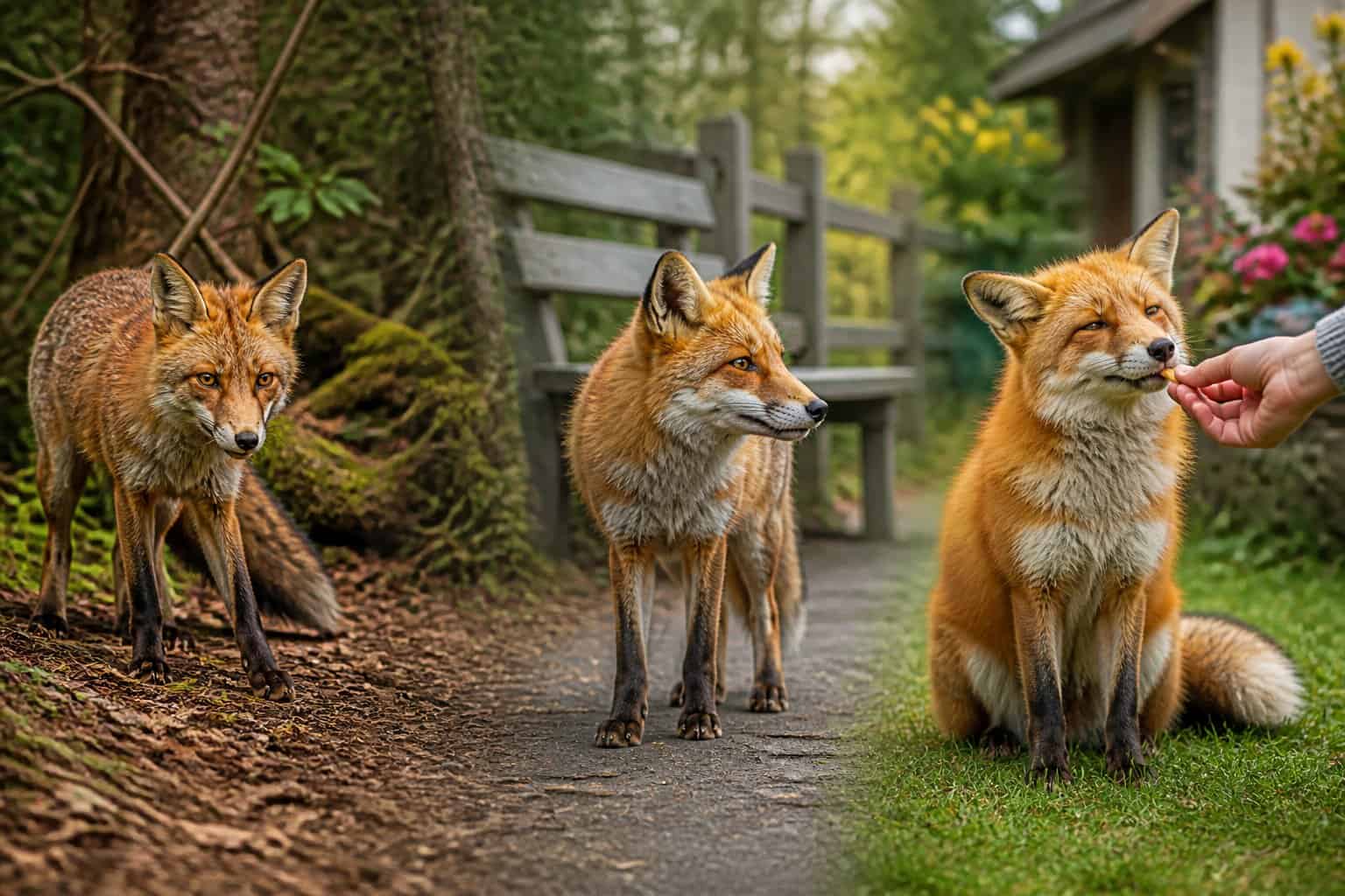 Three foxes side by side outdoors showing differences between wild, habituated, and domesticated behaviors in natural and human environments.