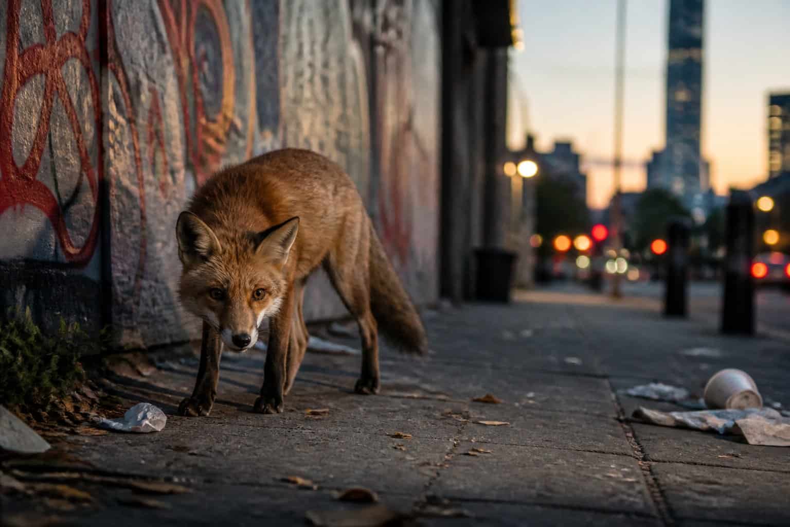 A wild urban fox standing on a cracked sidewalk near a graffiti-covered wall with city buildings and lights in the background.