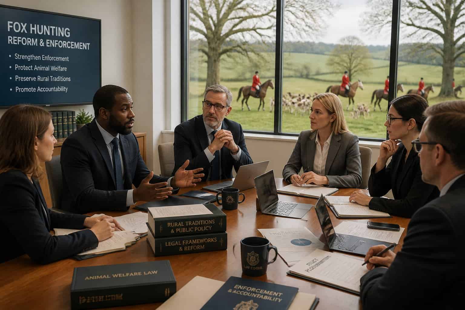 A group of professionals discussing around a conference table with a rural scene of horses and riders visible through a window behind them.