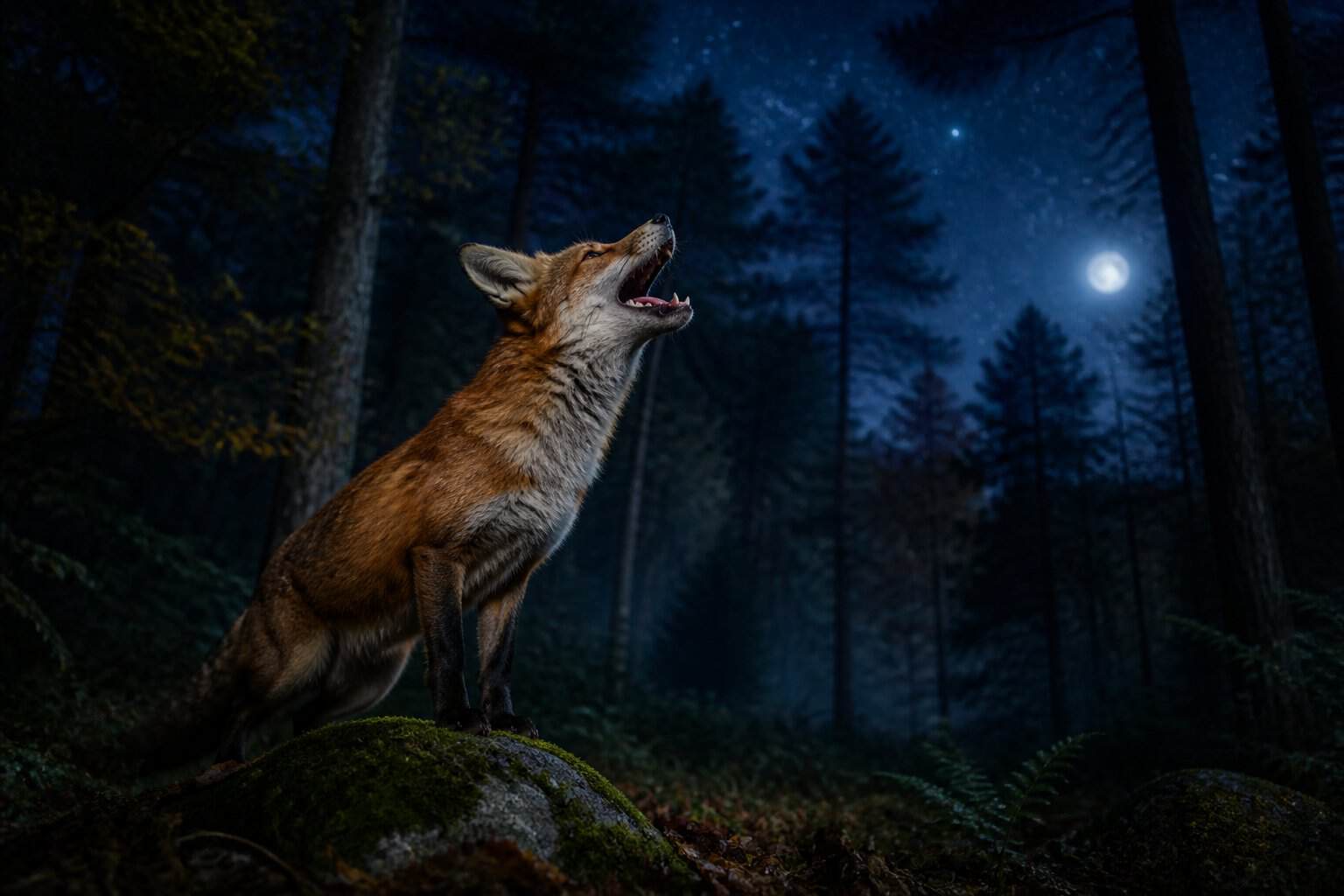 A red fox standing on a rock in a dark forest at night with its mouth open as if screaming.